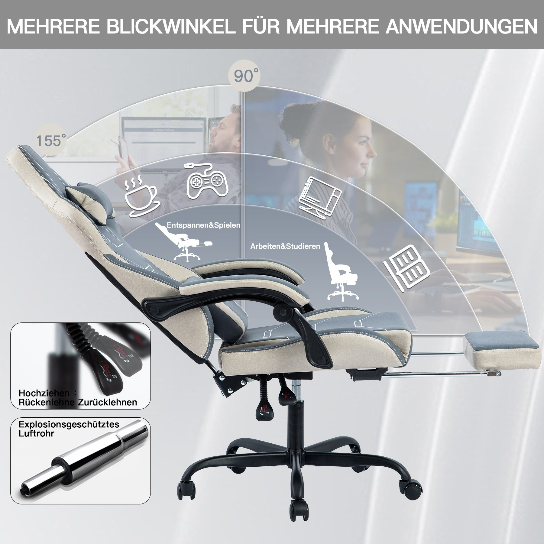 Ein ergonomischer Stuhl mit mehreren Einstellungsmöglichkeiten. Er befindet sich auf weißem Hintergrund.