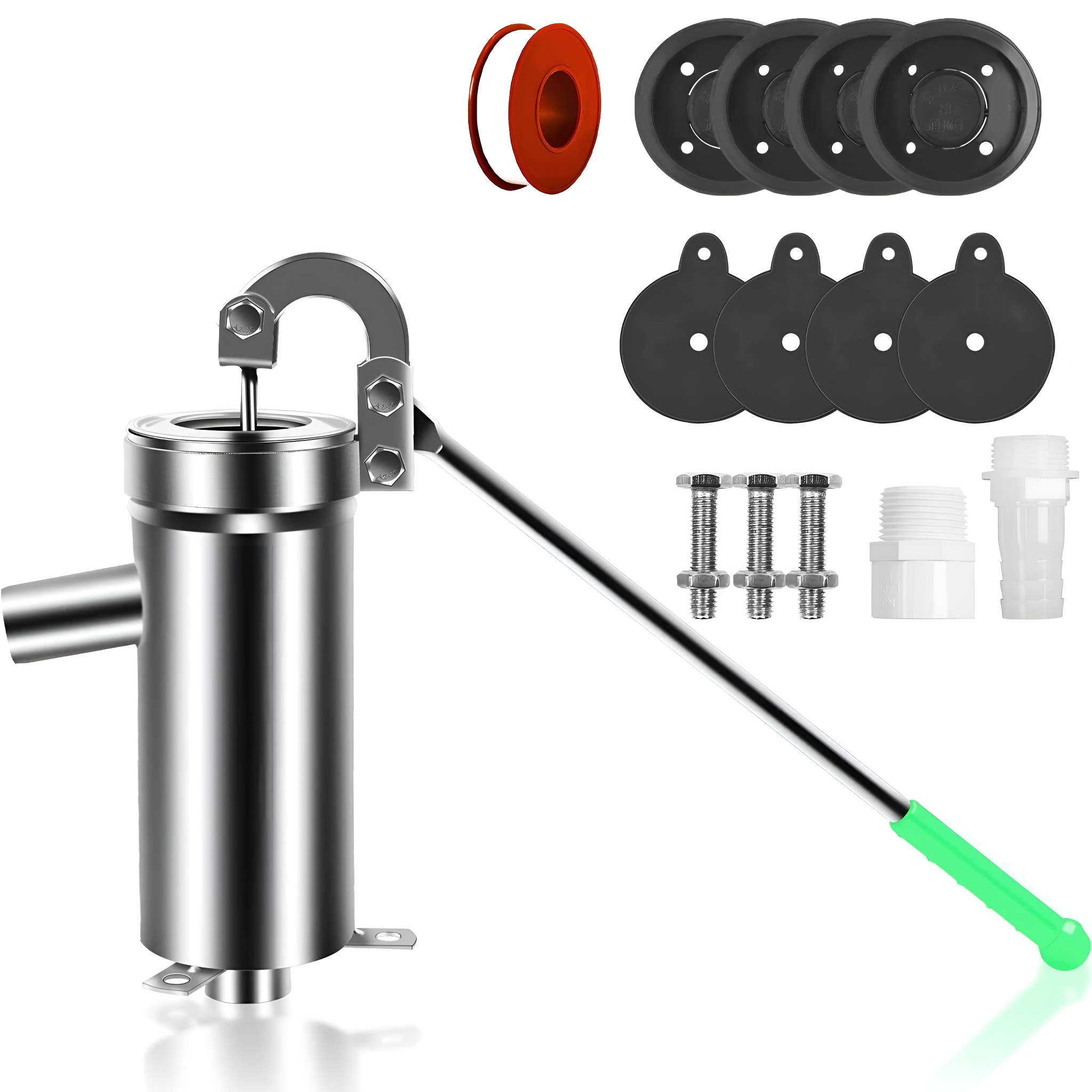 Handpumpe aus Edelstahl mit verschiedenen Teilen. Enthält einen grünen Griff und rotes Band, Schrauben und Verbinder.
