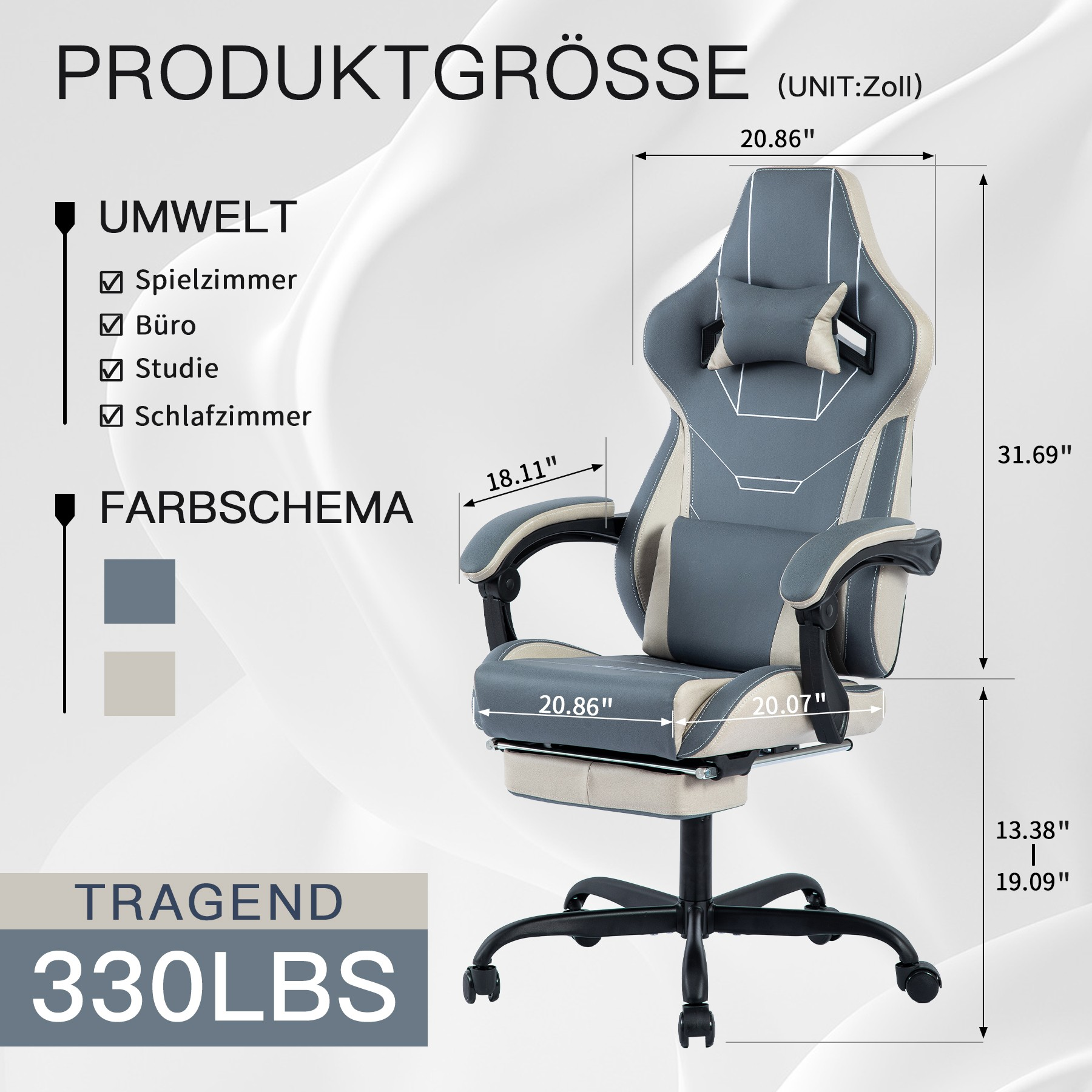 Ein Gaming-Stuhl mit Abmessungen und Spezifikationen, einschließlich '330LBS' Tragfähigkeit.