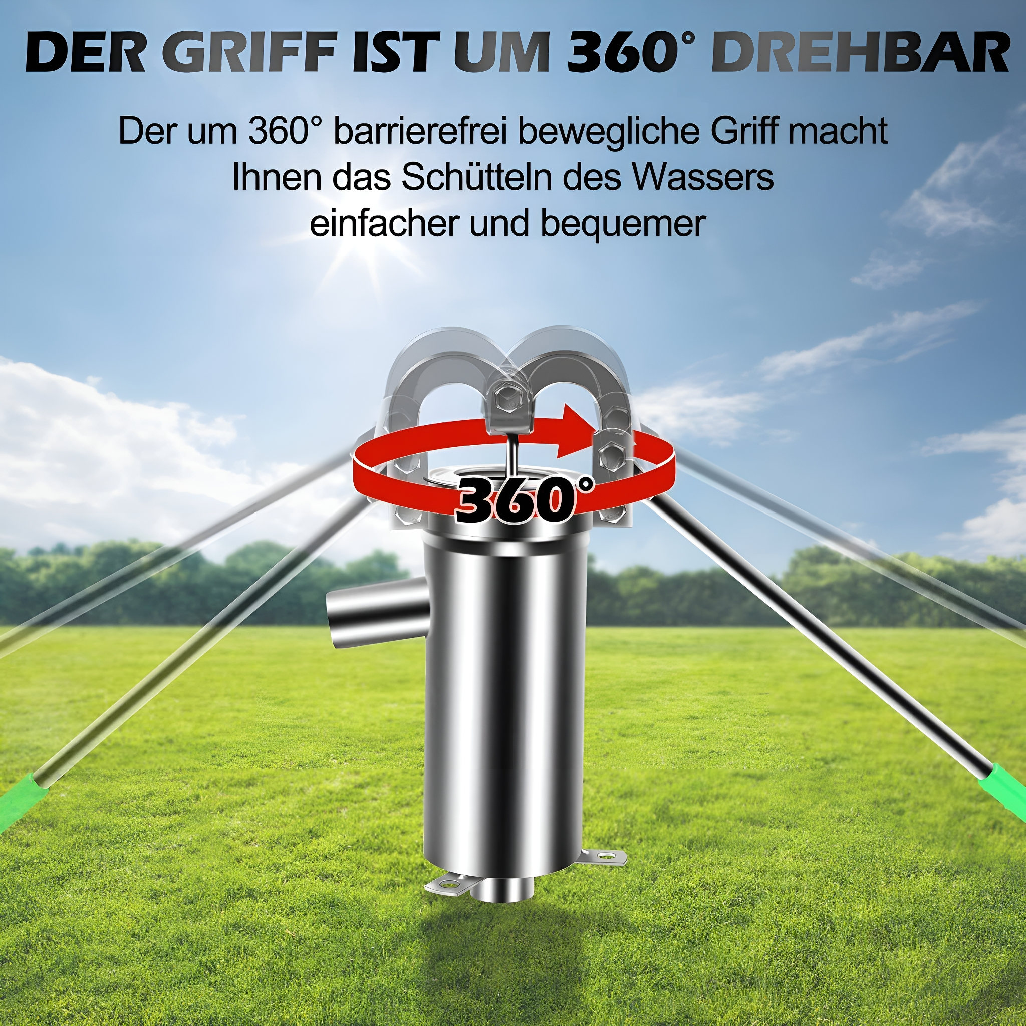 Silberner Sprinklerkopf auf grünem Rasen mit 360-Grad-Drehgriff.