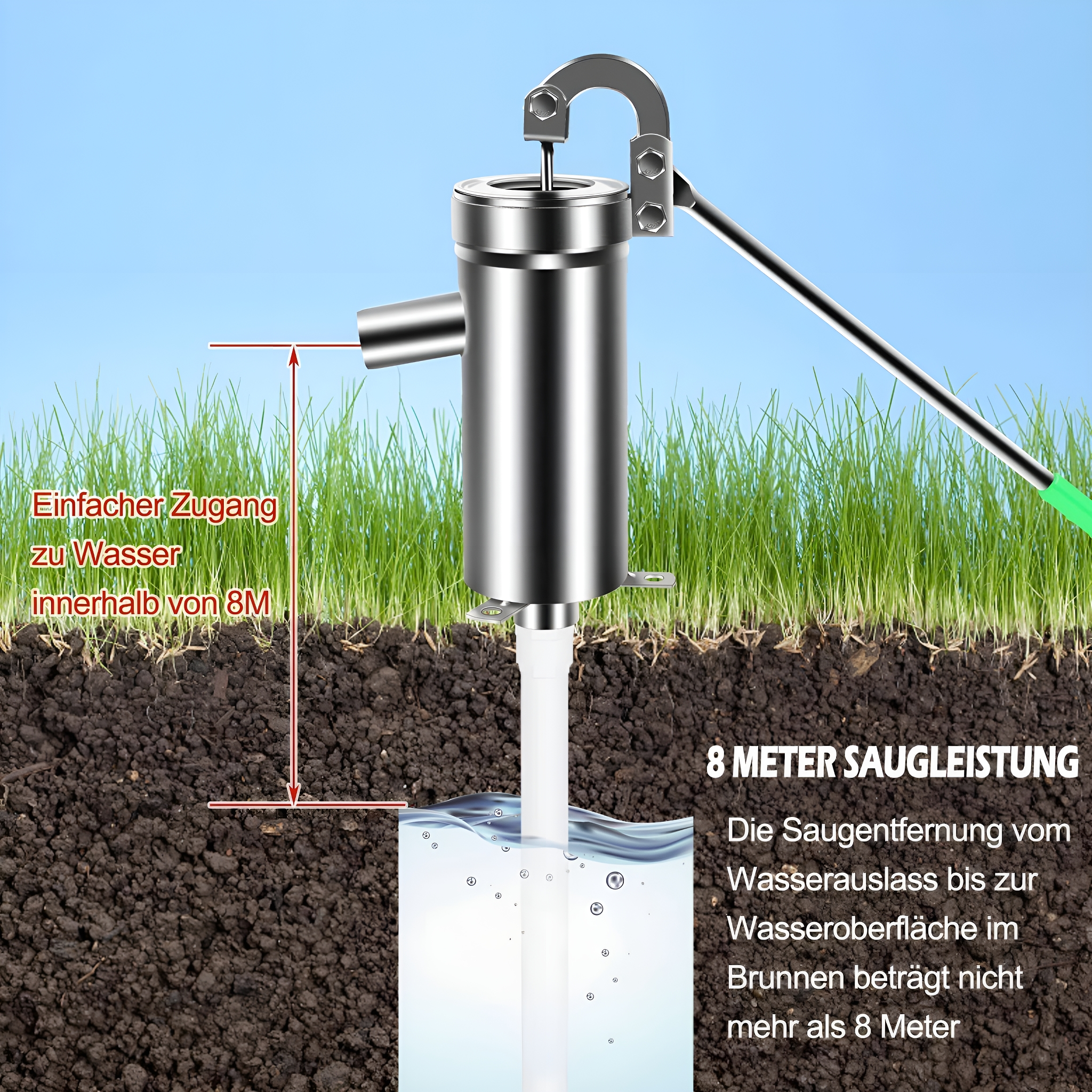 Silberne und grüne Wasserpumpe auf einem Feld. Sie hat einen langen Griff und ein Rohr, das in den Boden geht.