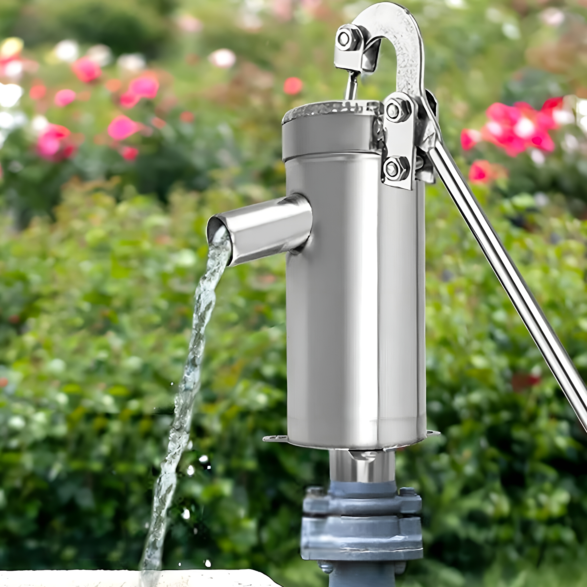 Eine Handpumpe, die Wasser abgibt, mit einem üppigen grünen Hintergrund.