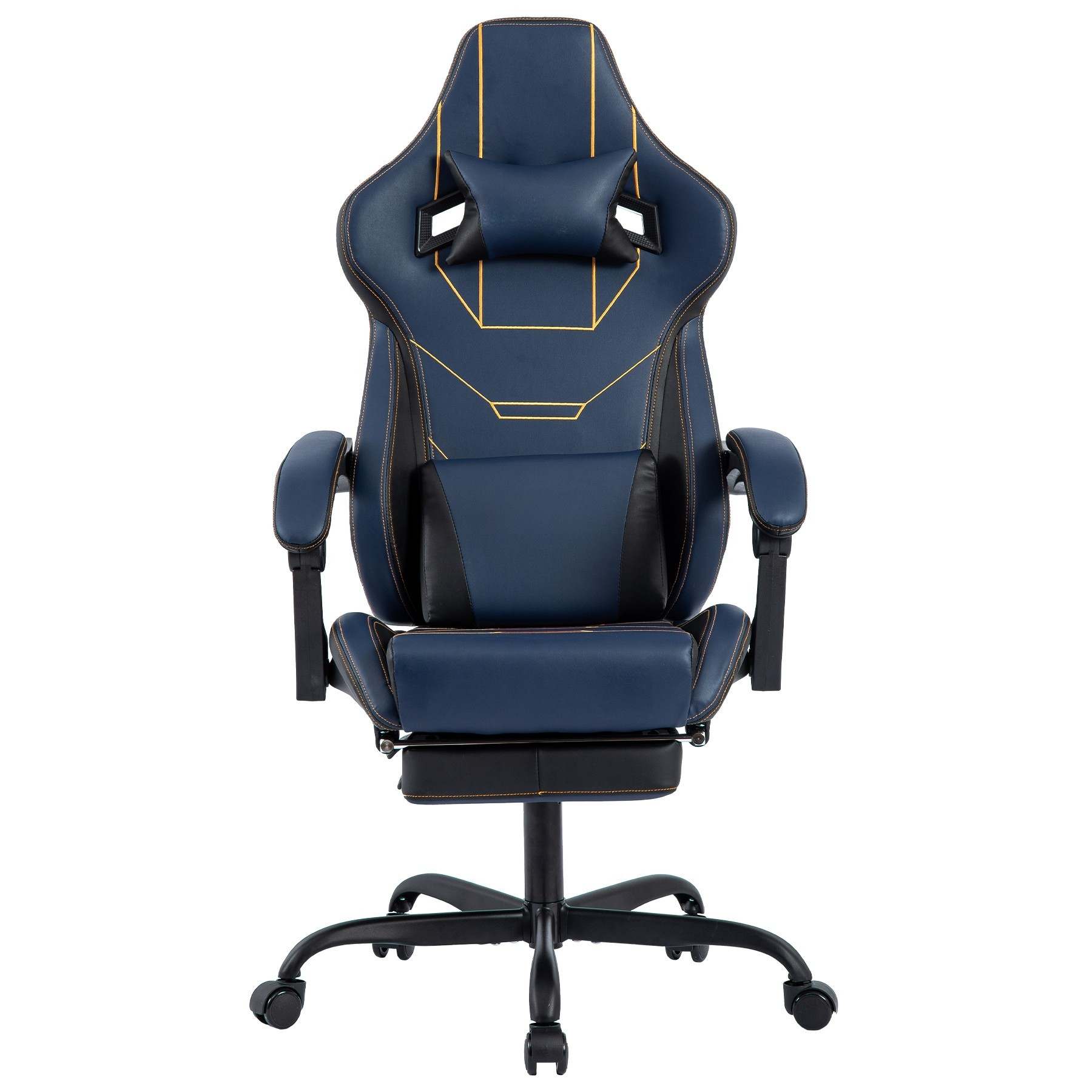 Blauer Gaming-Stuhl mit schwarzem Fuß und goldenen Akzenten. Auf weißem Hintergrund isoliert.