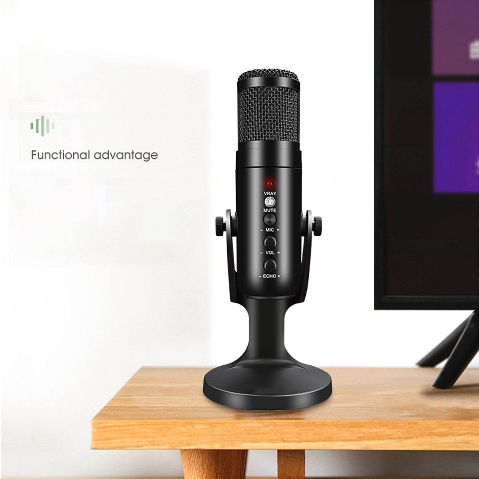 Schwarzes Mikrofon auf einem Ständer auf einem Holztisch. Es hat Knöpfe und die Marke VRay Mute.