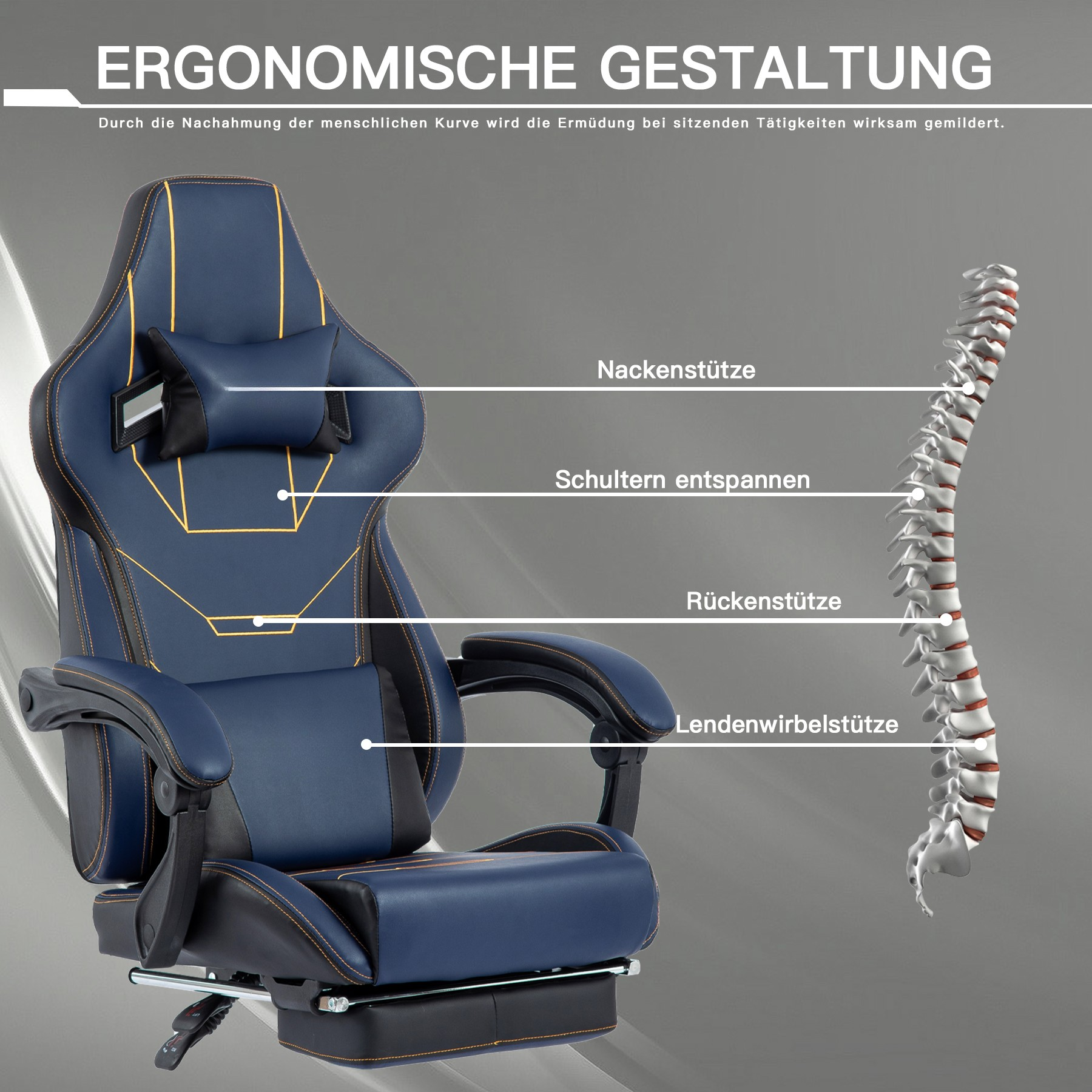 Ergonomischer blauer Gaming-Stuhl mit beschrifteten Teilen und Wirbelsäulenillustration.
