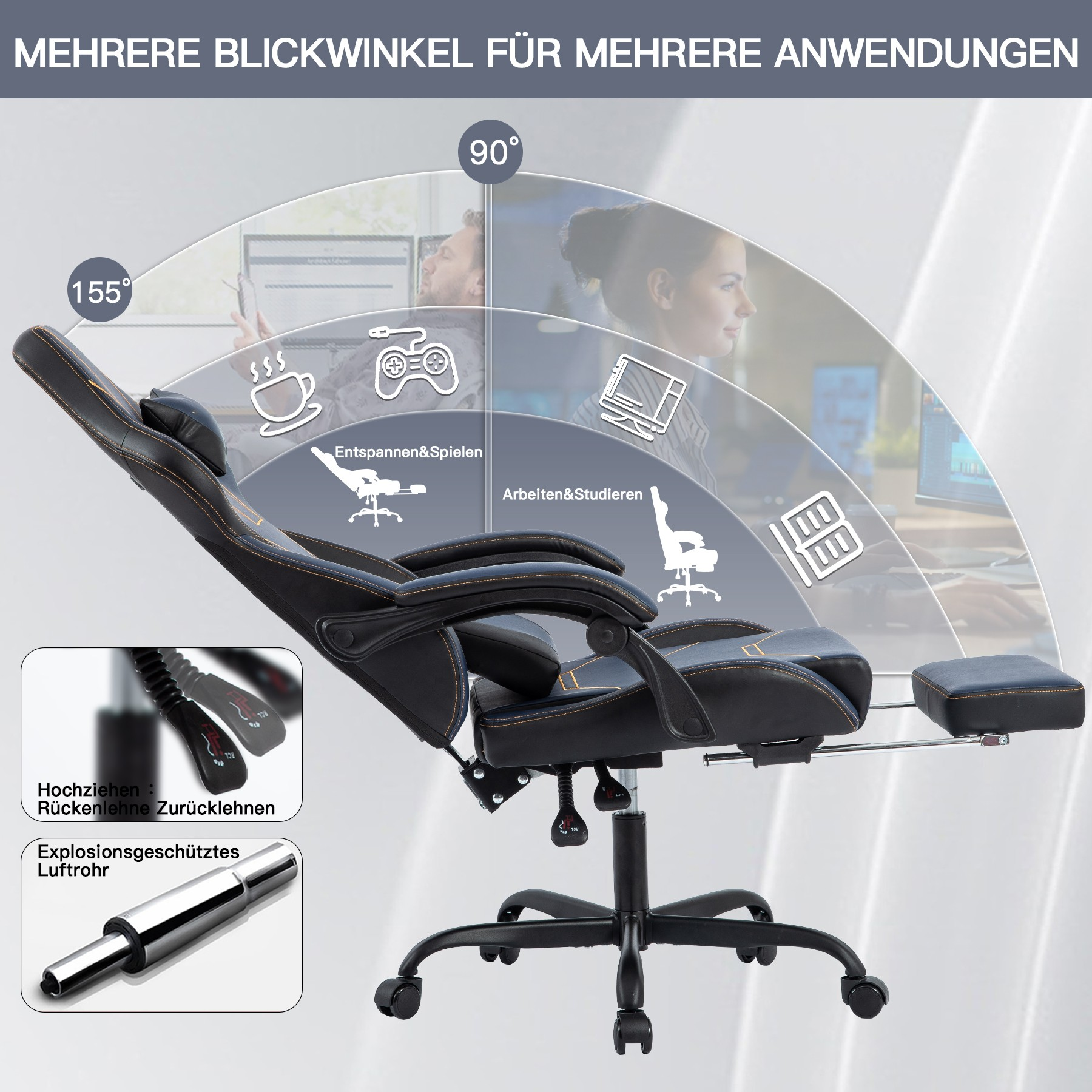 Schwarzer Gaming-Stuhl mit verschiedenen Einstellmöglichkeiten und Illustrationen.