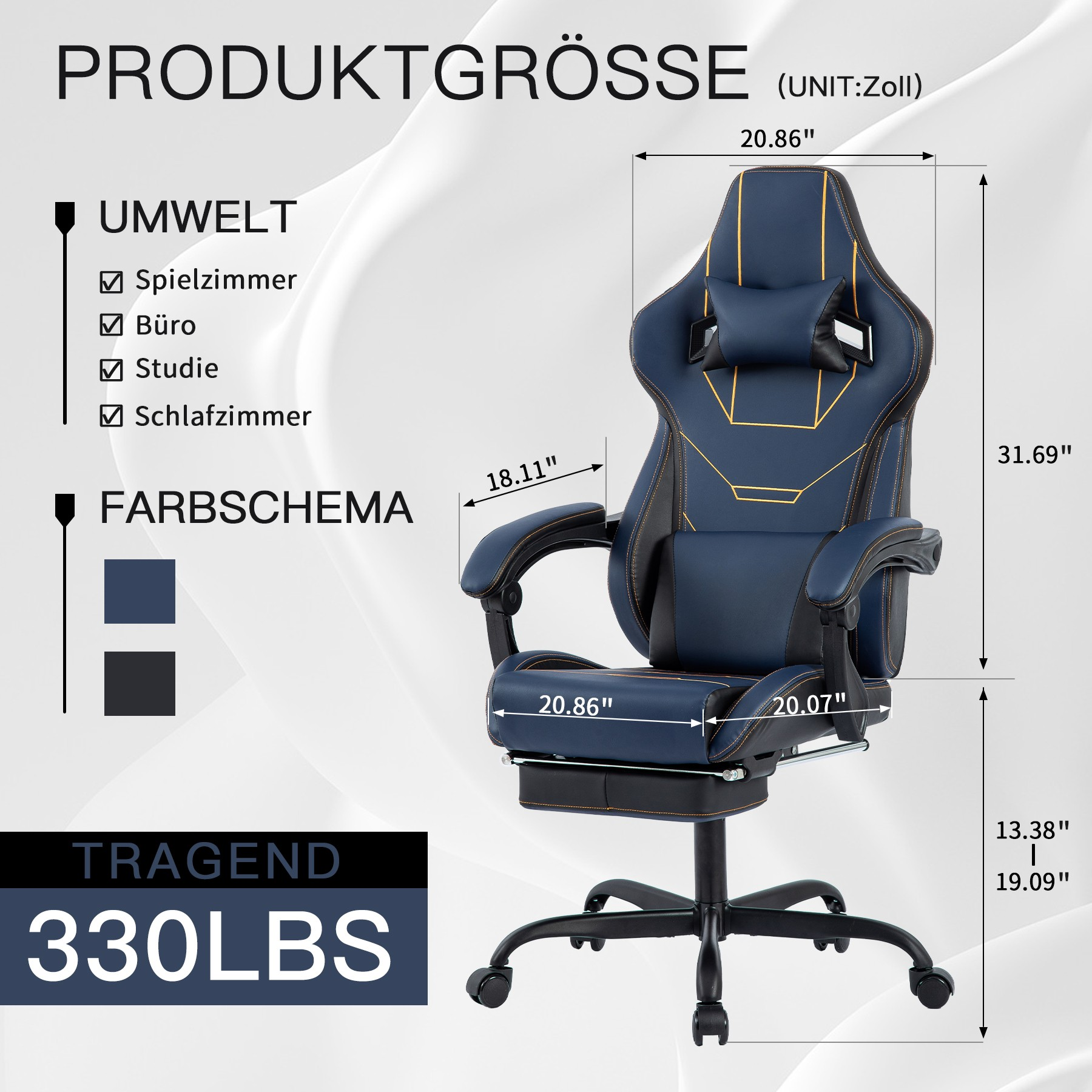 Blauer Gaming-Stuhl mit Maßen und einer Tragfähigkeit von 330 lbs. Zeigt Umgebungstypen und Farbschemata.