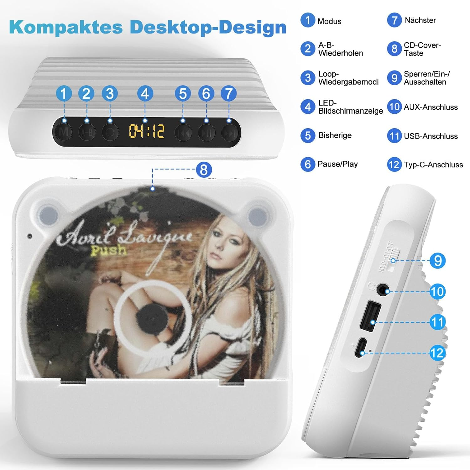 Weißer Musikplayer mit Knöpfen, CD-Schlitz und Seitenansicht mit Anschlüssen.