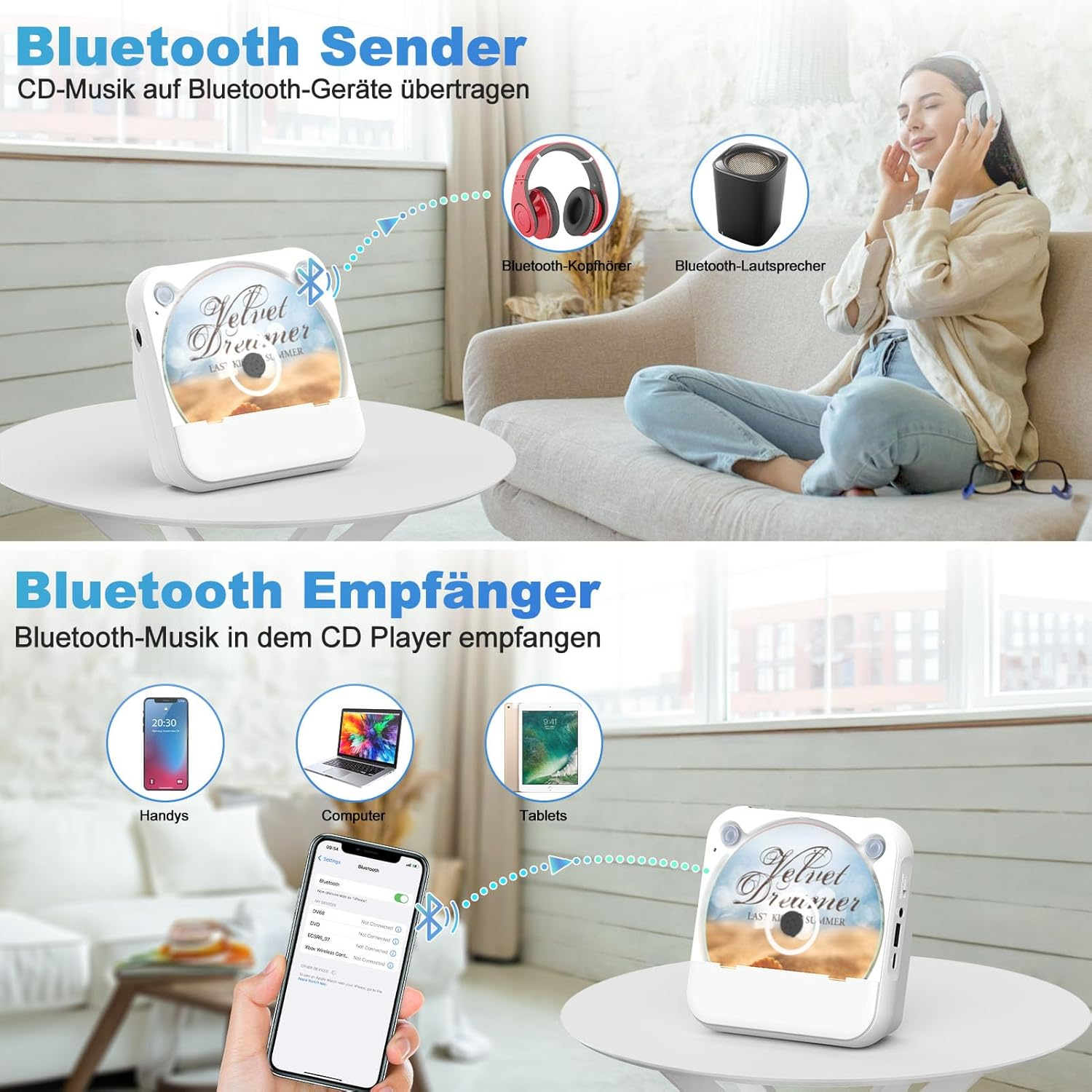 Bluetooth-Gerät: CD-Player, Kopfhörer, Lautsprecher und Smartphone. Demonstriert Bluetooth-Musik-Streaming.