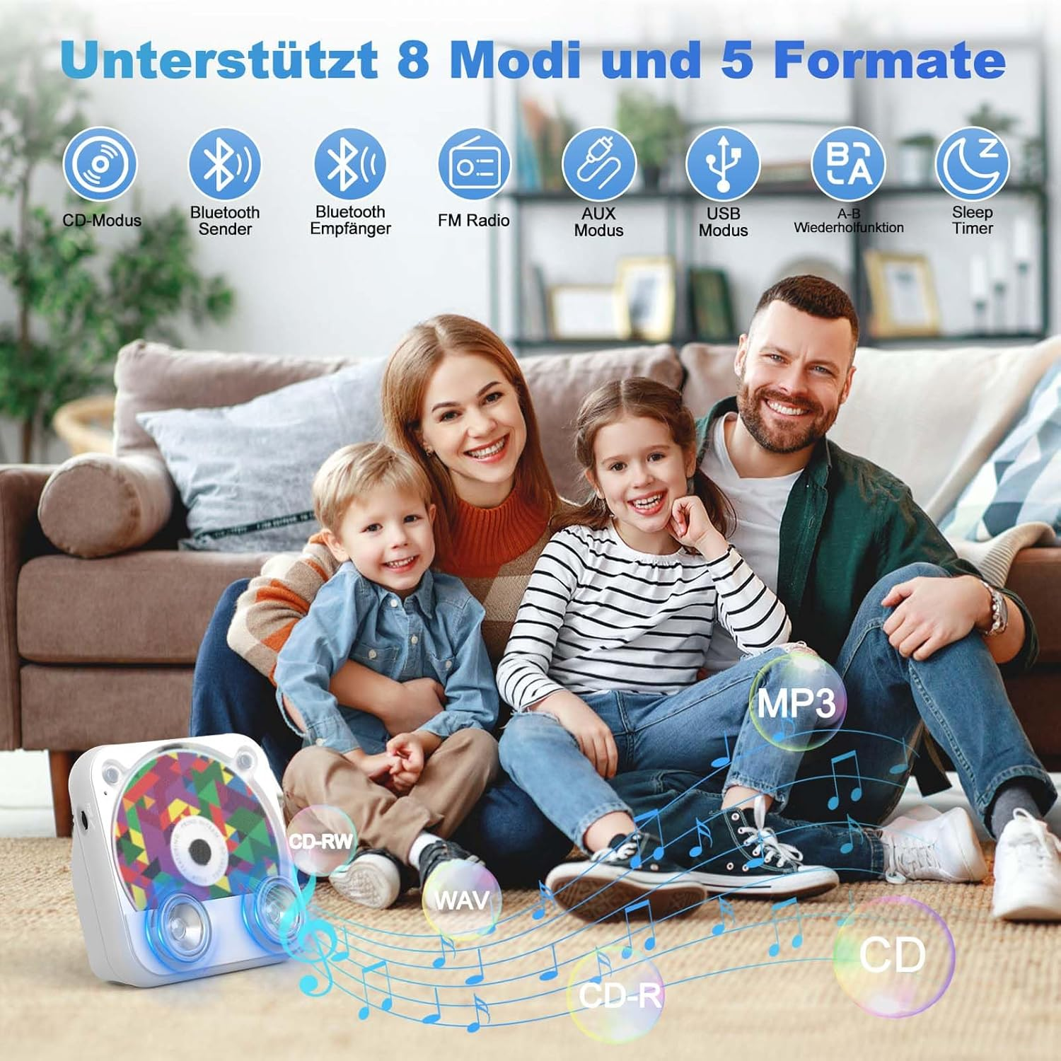 Familie mit Kindern und einem Lautsprecher. Symbole zeigen Audiomodi und Formate.