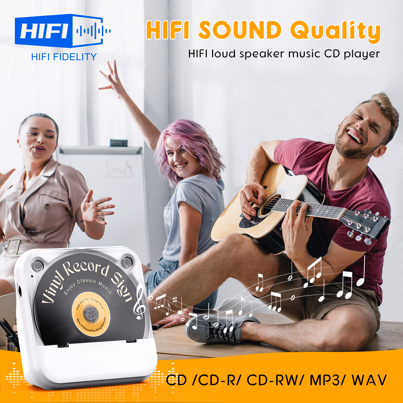 Leute mit einem CD-Player mit Vinyl-Schallplattenschild. Musiknoten an der Seite. Weißer Hintergrund.