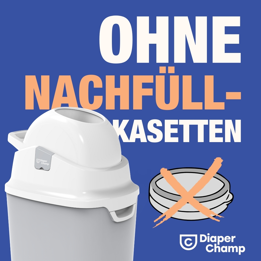 Eine weiße Windeltonne mit den Worten "OHNE NACHFÜLL-KASSETTEN" und einem durchgestrichenen Nachfüllkassetten-Symbol.