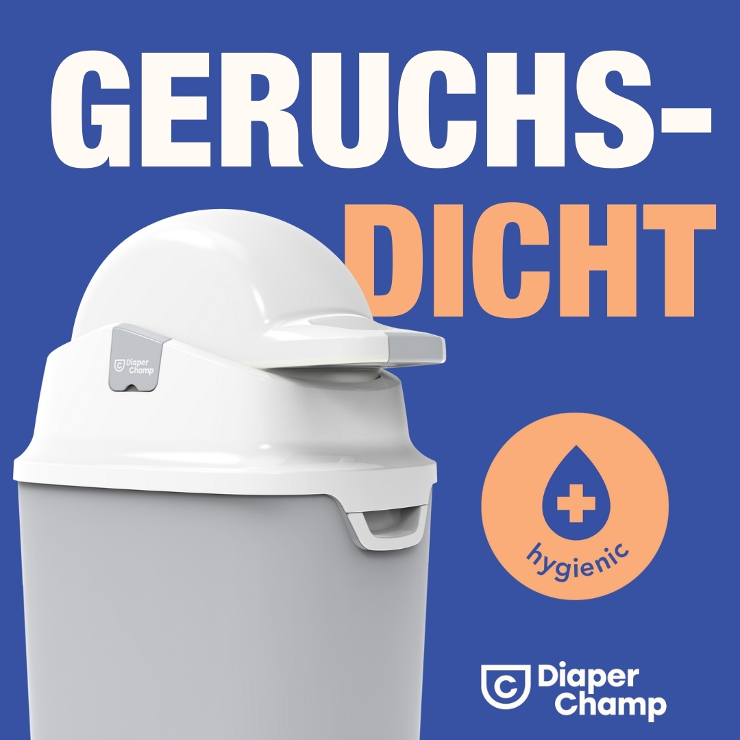 Weißer und grauer Windeleimer mit Text, blauer Hintergrund.