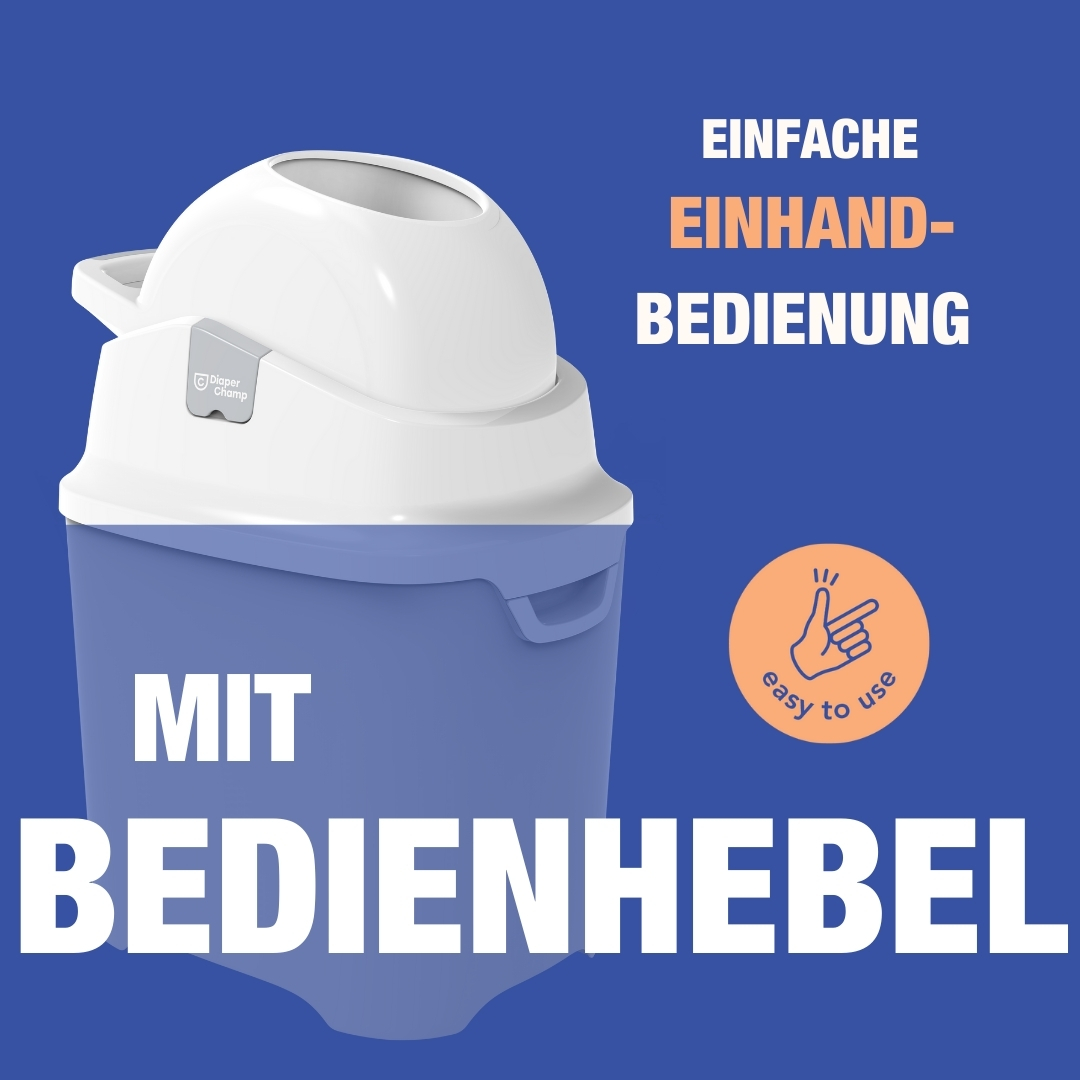 Ein weiß-blauer Windeleimer mit Griff. Text lautet 'Einfache Bedienung' und 'Mit Bedienhebel'.