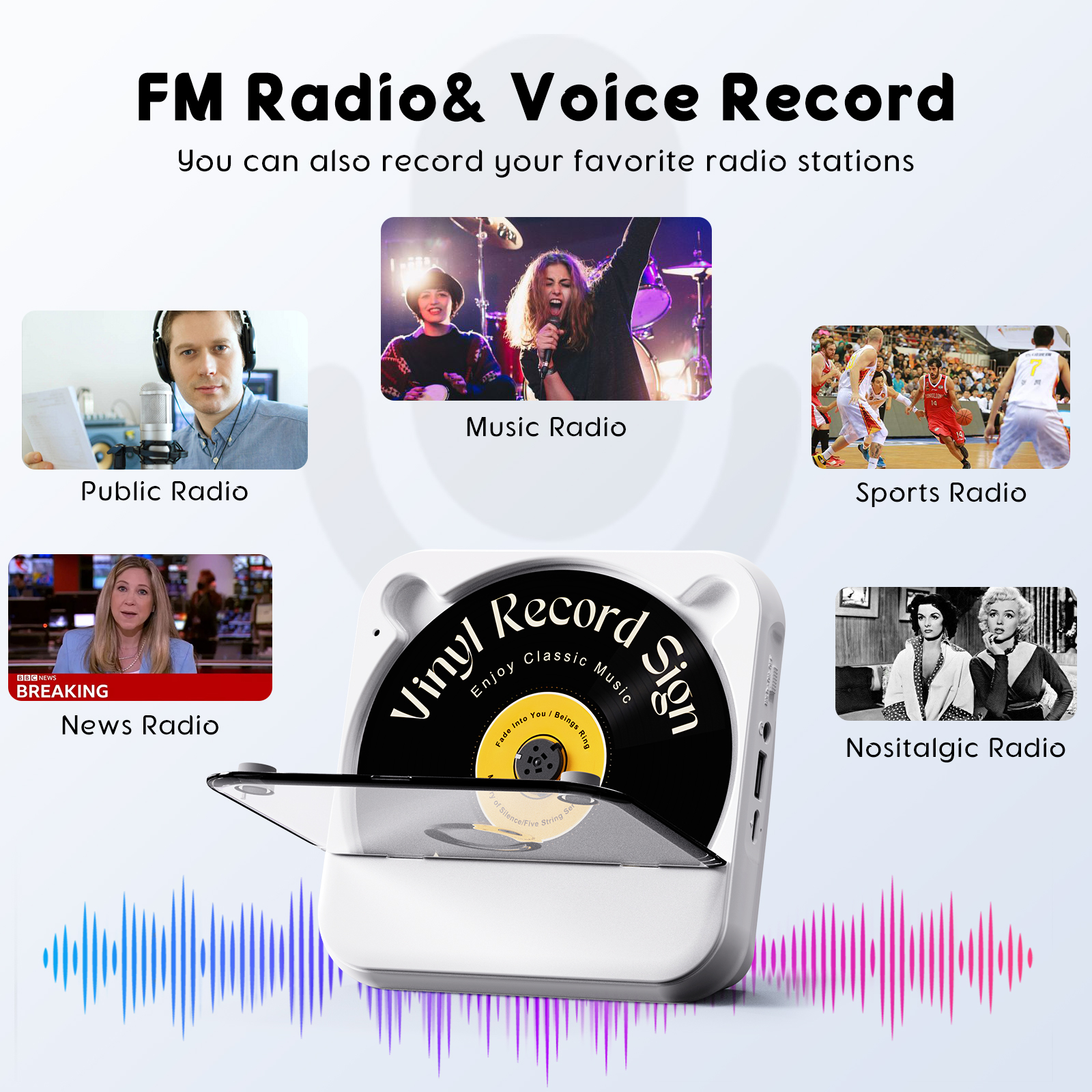 Grafik, die einen Plattenspieler und verschiedene Radio- und Musikquellen zeigt.