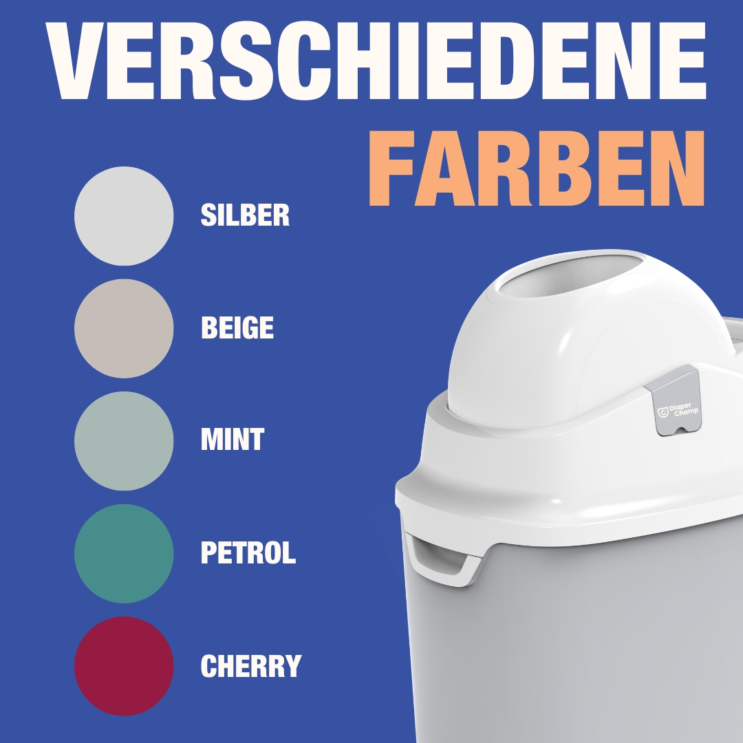 Ein Windeleimer mit verschiedenen Farboptionen auf blauem Hintergrund.