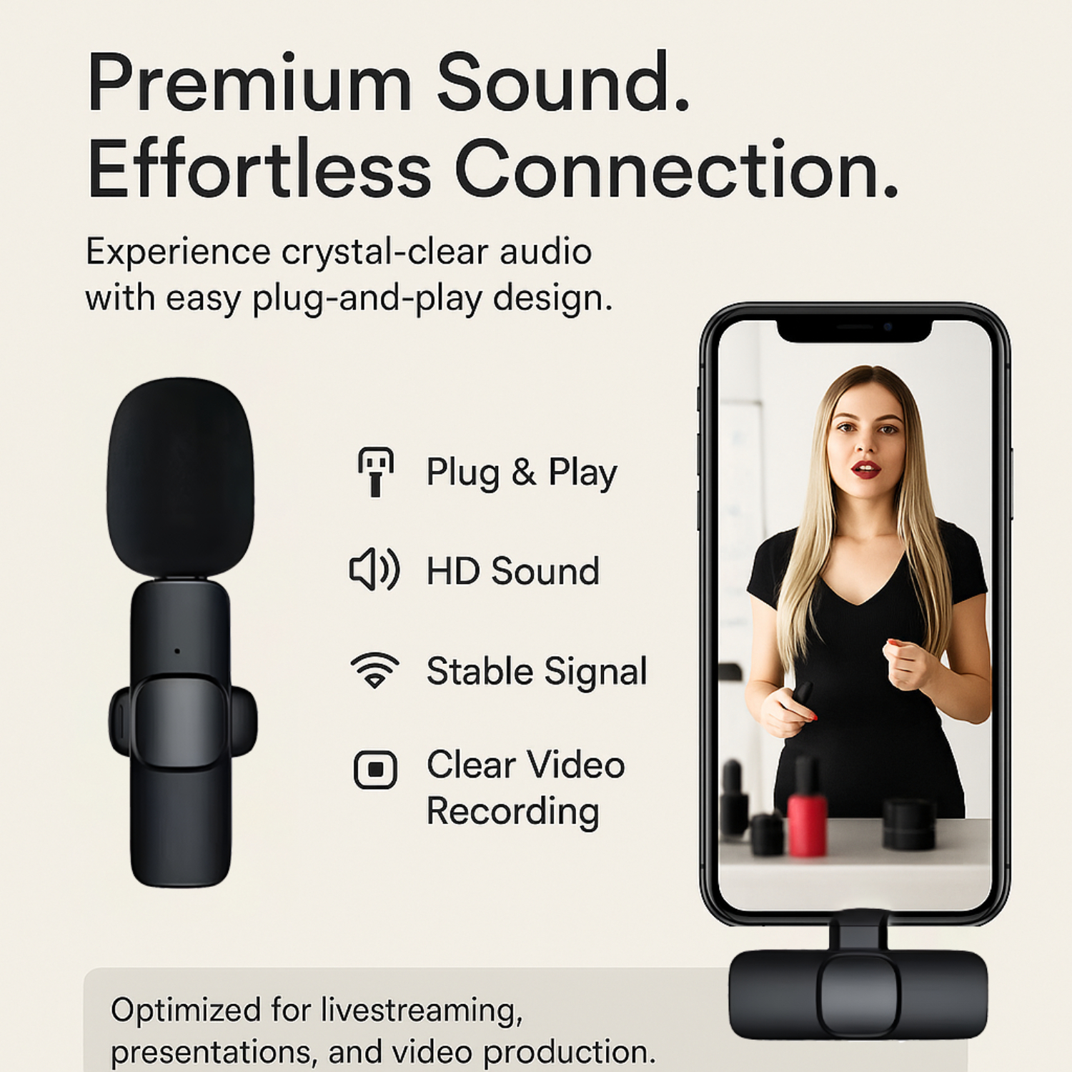 Schwarzes Mikrofon und Telefon mit Text: Premium Sound. Effortless Connection.