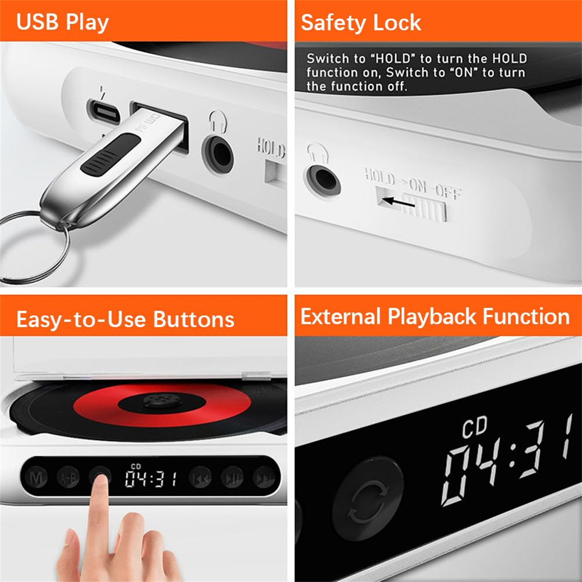 Nahaufnahme eines weißen CD-Players mit USB-Anschluss, Sicherheitssperre, Tasten und Display.