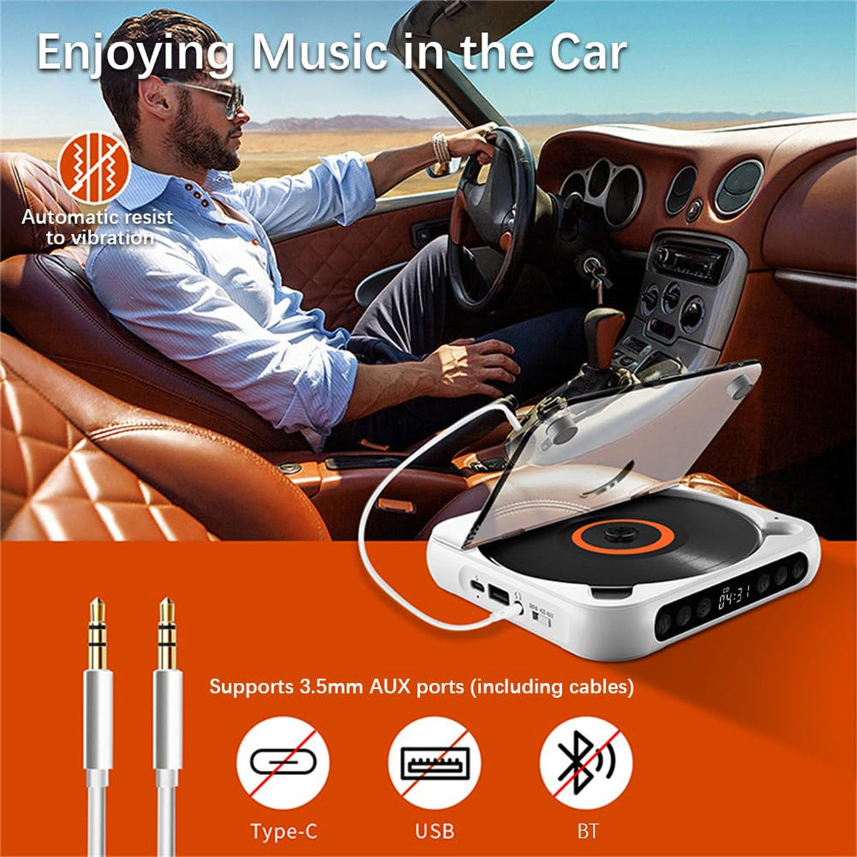 Person im Auto, die einen CD-Player mit Kabeln und Aux-Anschlüssen benutzt.