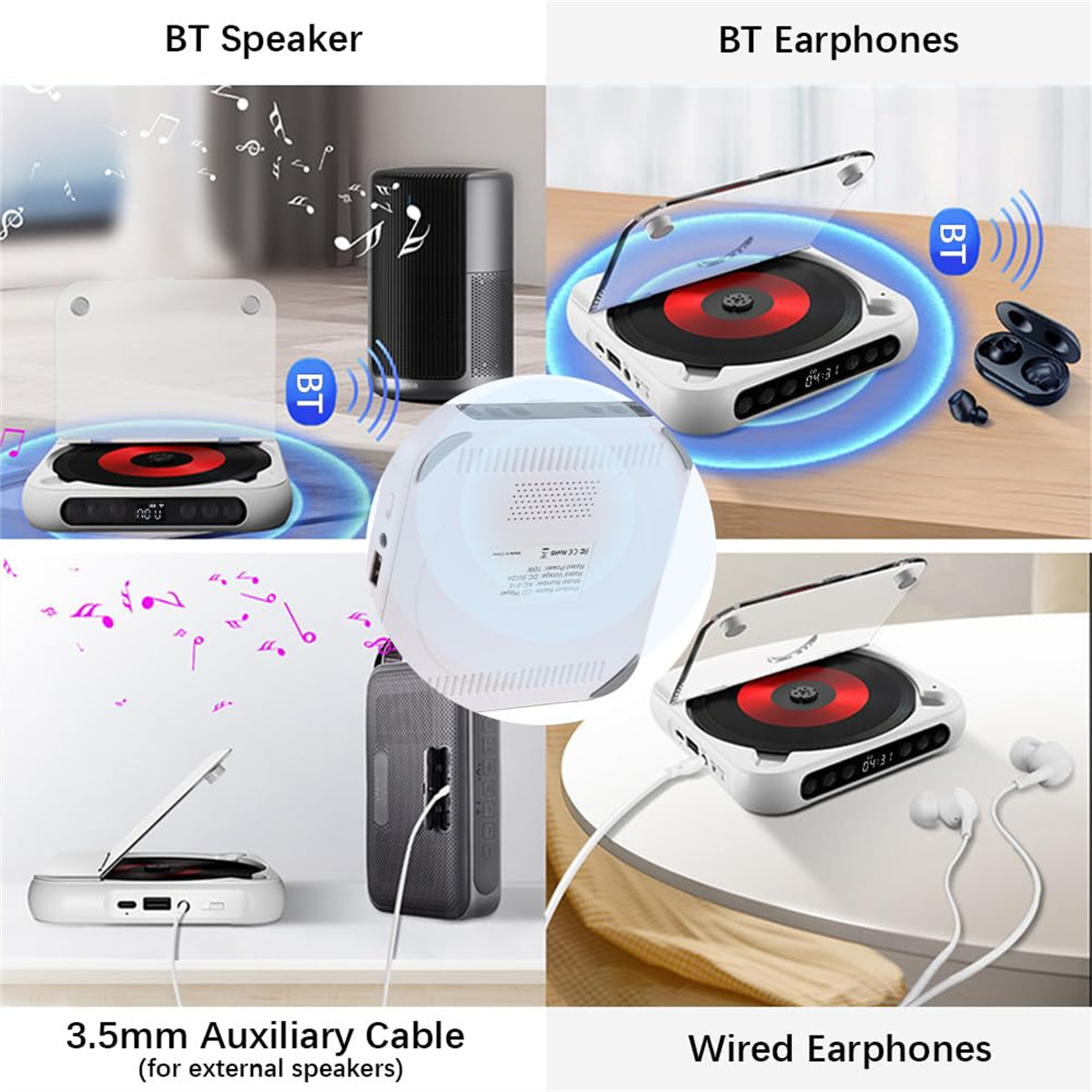 Produktübersicht mit BT-Lautsprecher, Kopfhörer, 3,5-mm-Kabel und kabelgebundenen Kopfhörern.