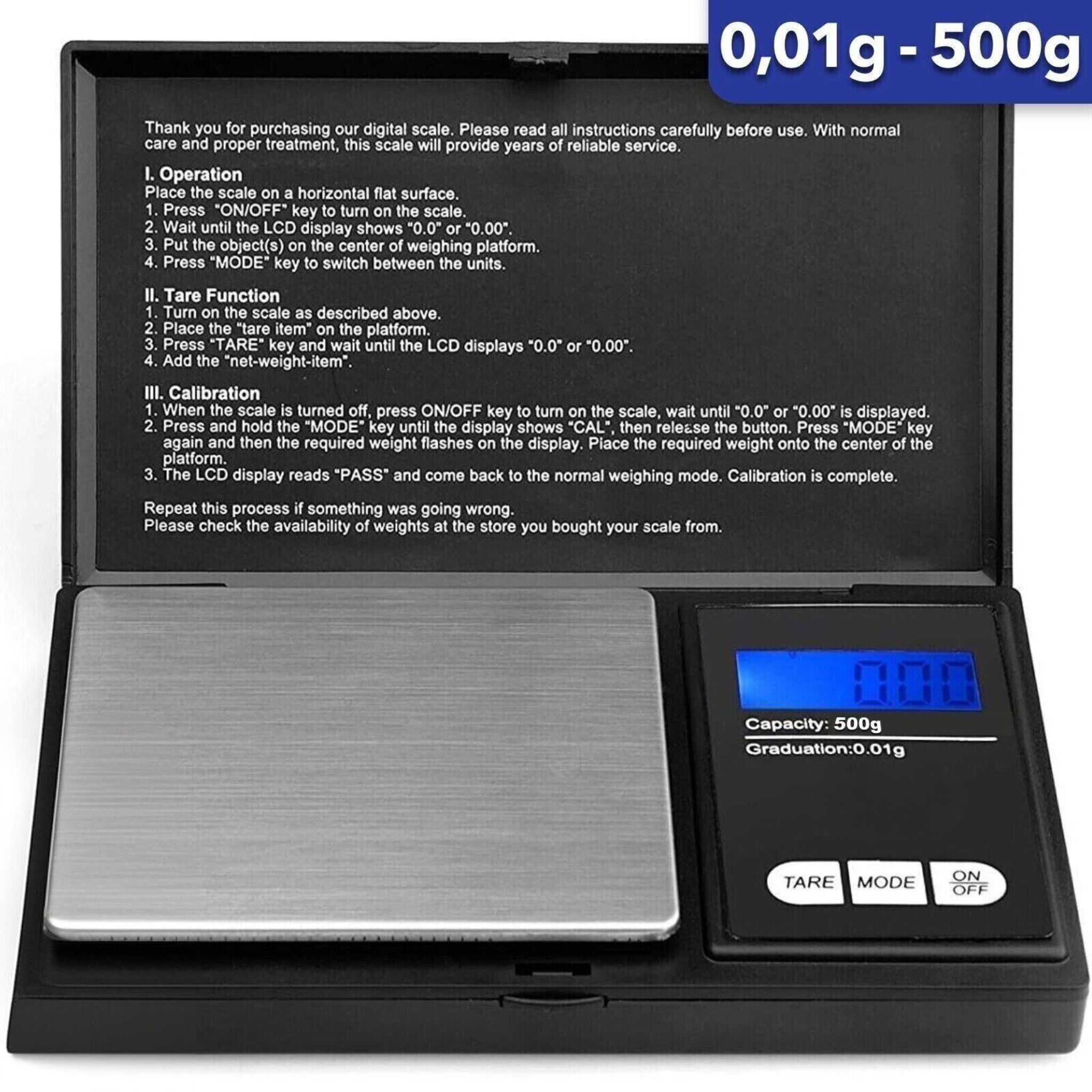Digitale Waage mit LCD-Anzeige, die 0,00 anzeigt. Schwarzer Rahmen. Text und Knöpfe auf der Oberfläche.