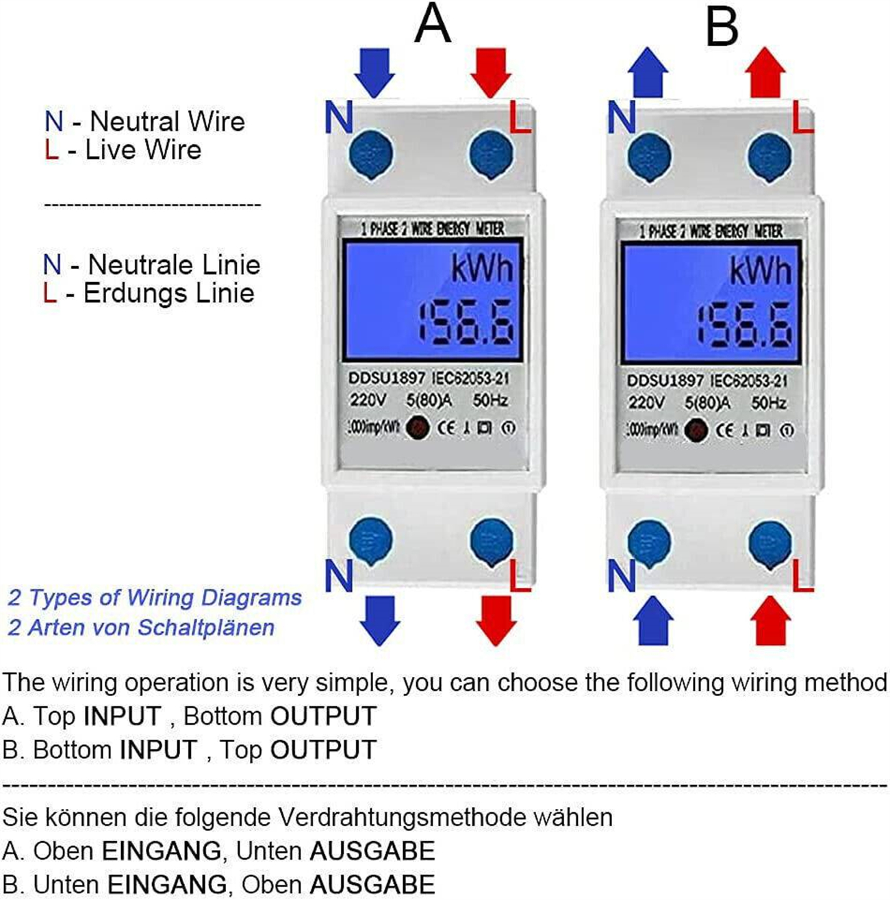 Diagramm mit zwei Energiezählern und Verdrahtungsanweisungen mit Pfeilen und Beschriftungen.