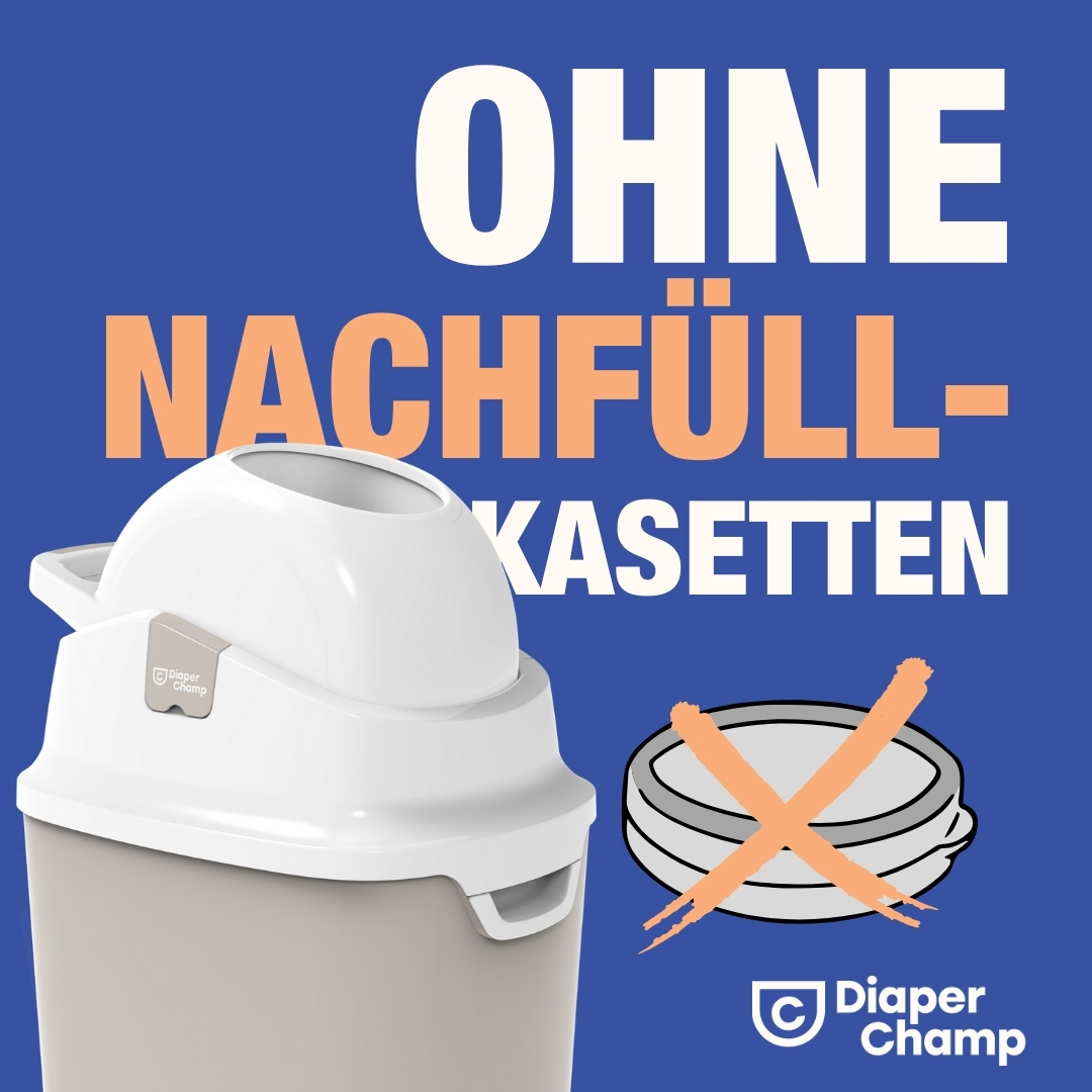 Weißer Windeleimer mit Text 'keine Nachfüllkassetten'.