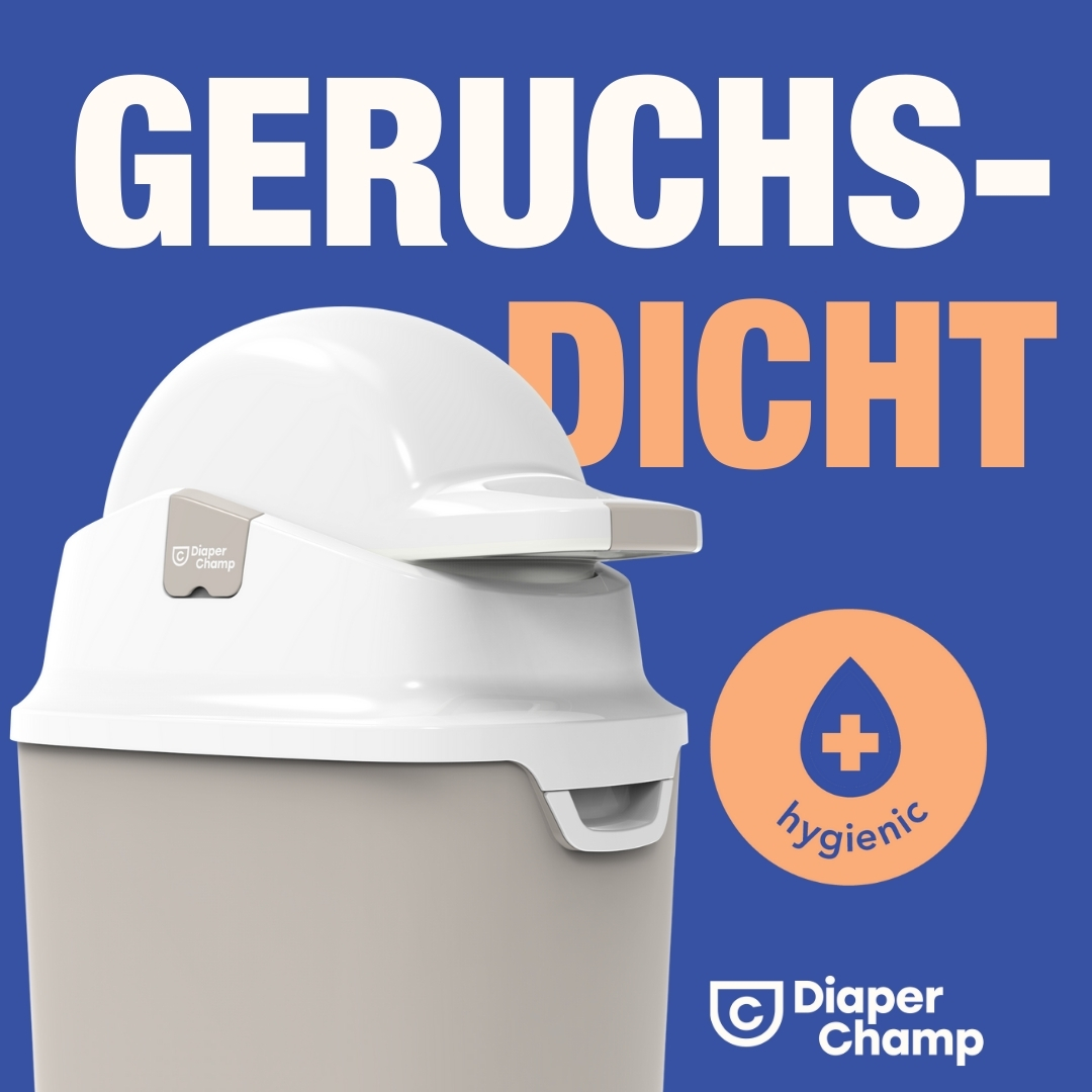 Ein weißes und beiges Töpfchen mit geschlossenem Deckel. Text sagt 'GERUCHS-DICHT' und 'hygienisch'.