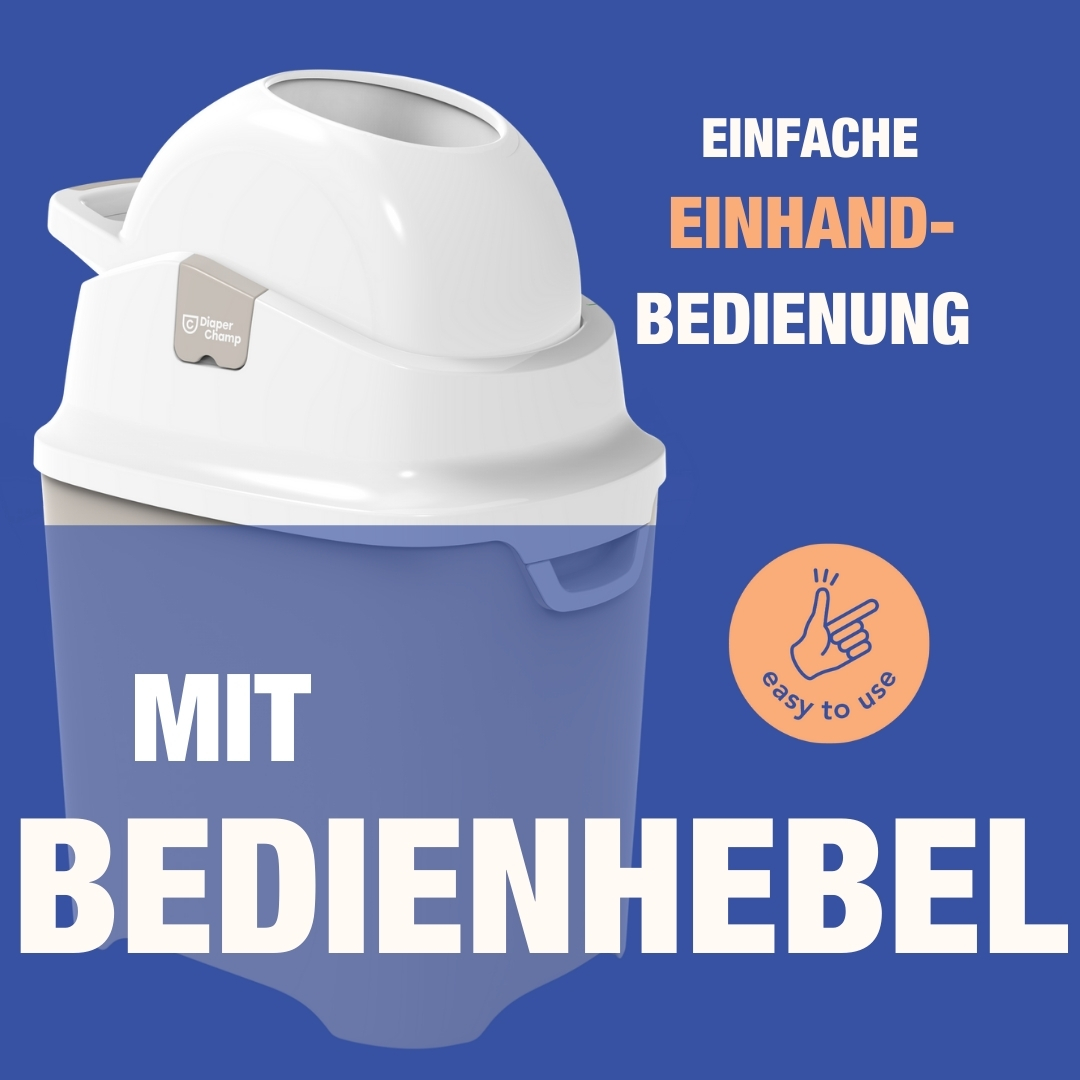 Ein Windeleimer mit den Texten 'einfache Einhandbedienung'.