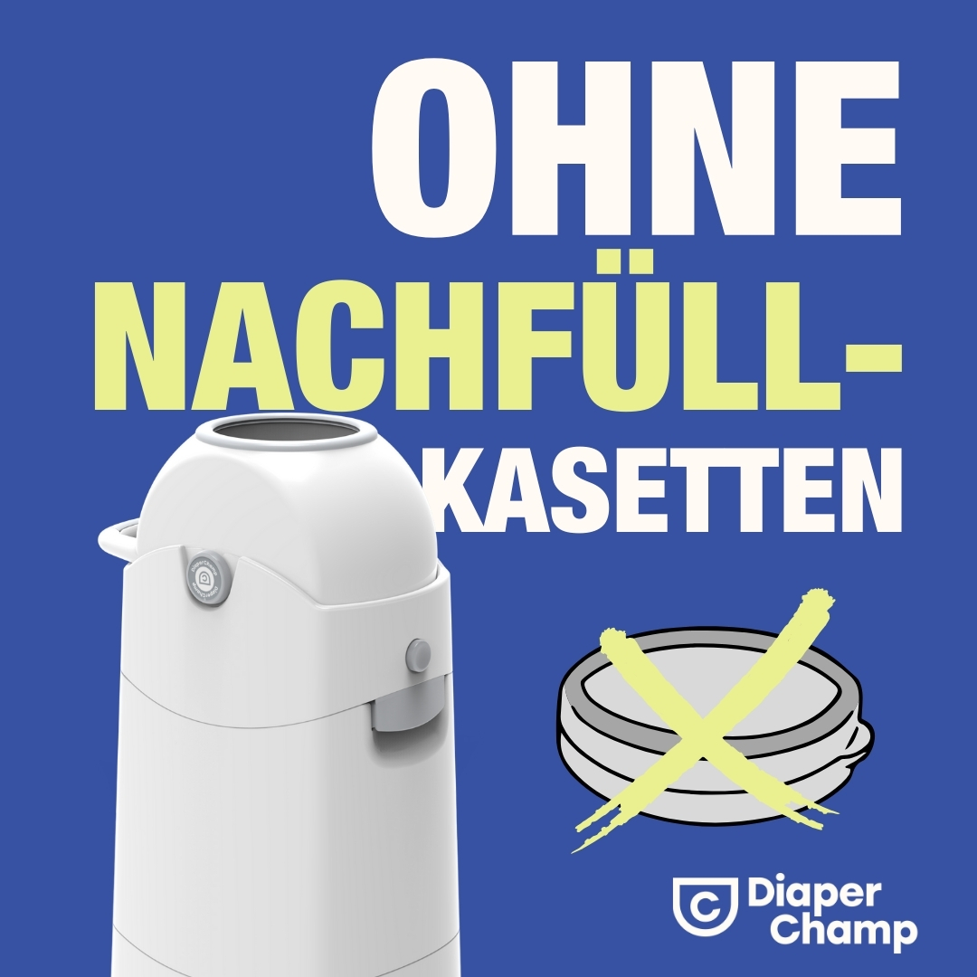 Weißer Windeleimer mit Text: OHNE NACHFÜLL-KASSETTEN, mit durchgestrichener Kassette.