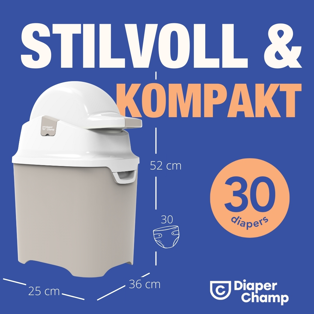 Weißer und grauer Windeleimer. Text sagt 'STILVOLL & KOMPAKT'. Er fasst 30 Windeln.