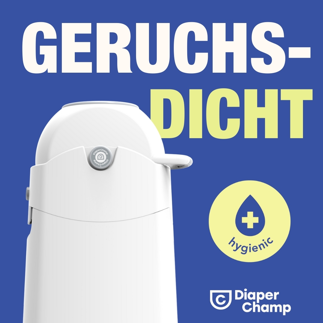 Weißer Windeleimer mit Text, blauer Hintergrund.