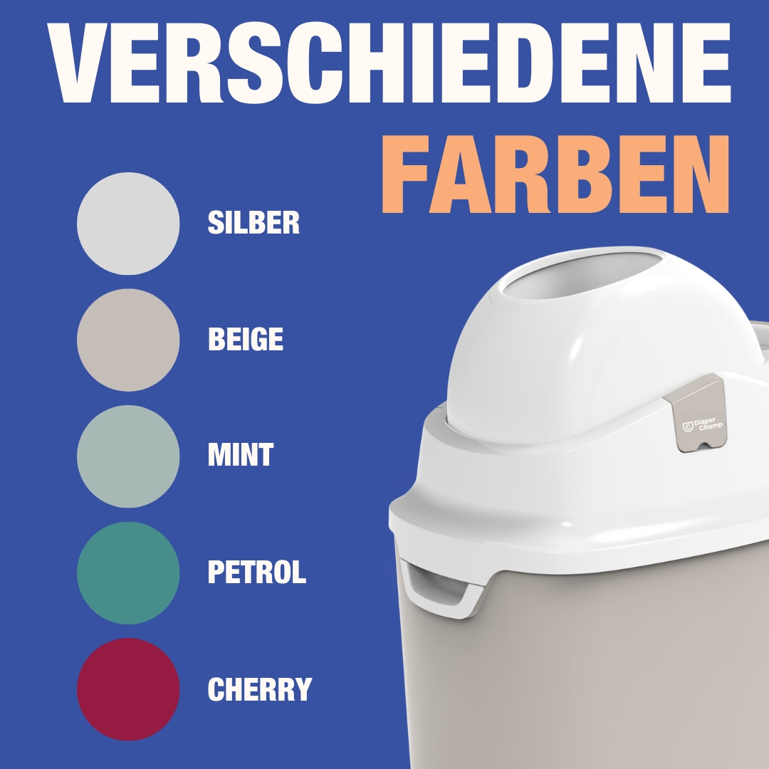 Ein Abfalleimer mit verschiedenen Farboptionen: Silber, Beige, Mint, Petrol und Kirsche.