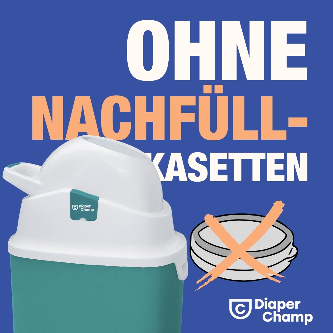 Diaper Champ Windeleimer mit blau-weißem Farbschema und Textüberlagerung.