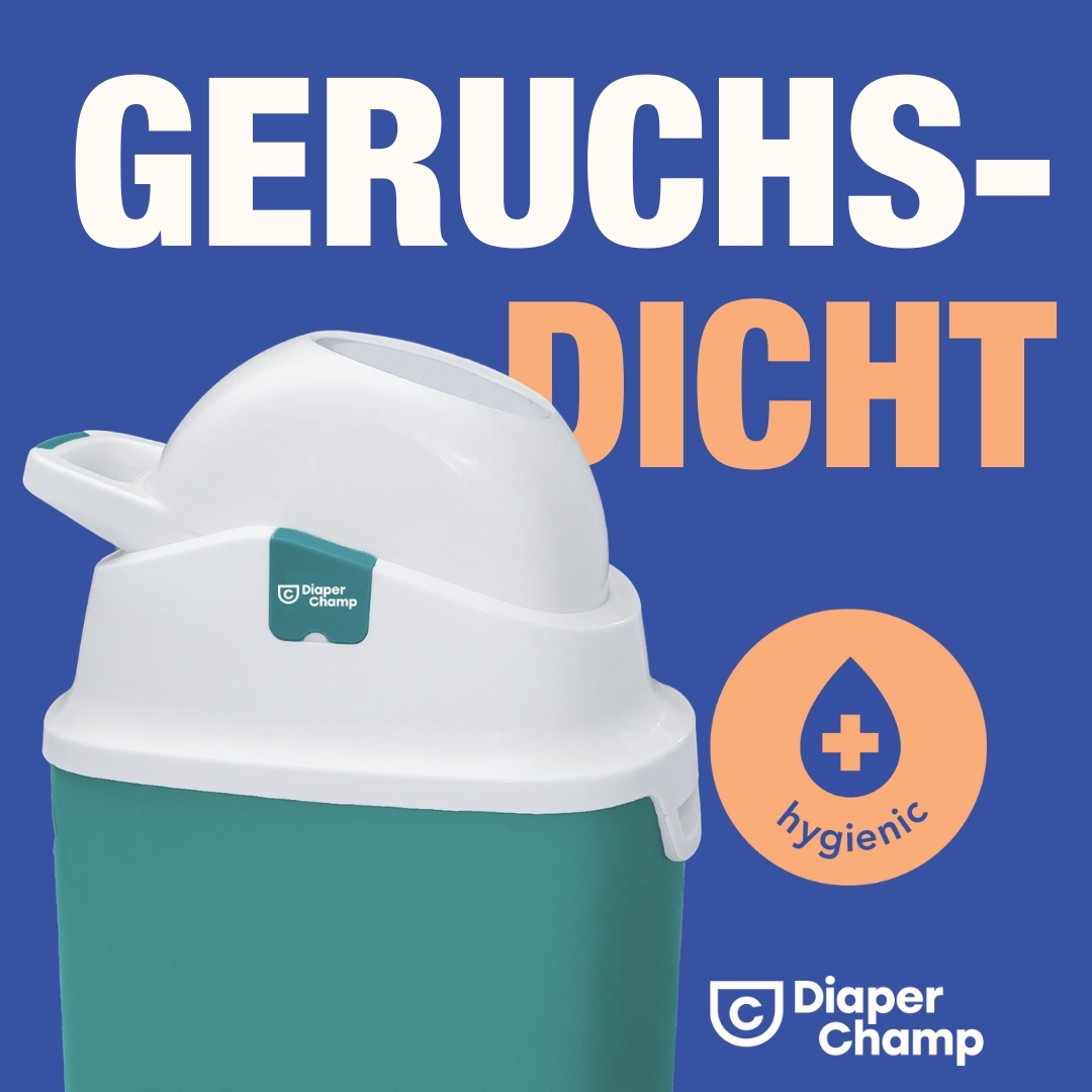 Weißer und teal Windeleimer mit Text: 'GERUCHS-DICHT' und 'hygienic'.
