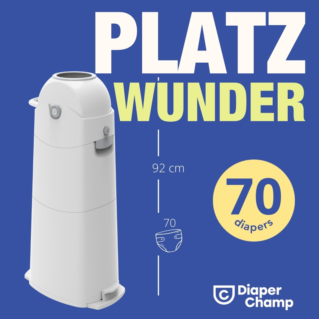Weißer Windelentsorger mit Text 'PLATZ WUNDER' und '70 Windeln'.