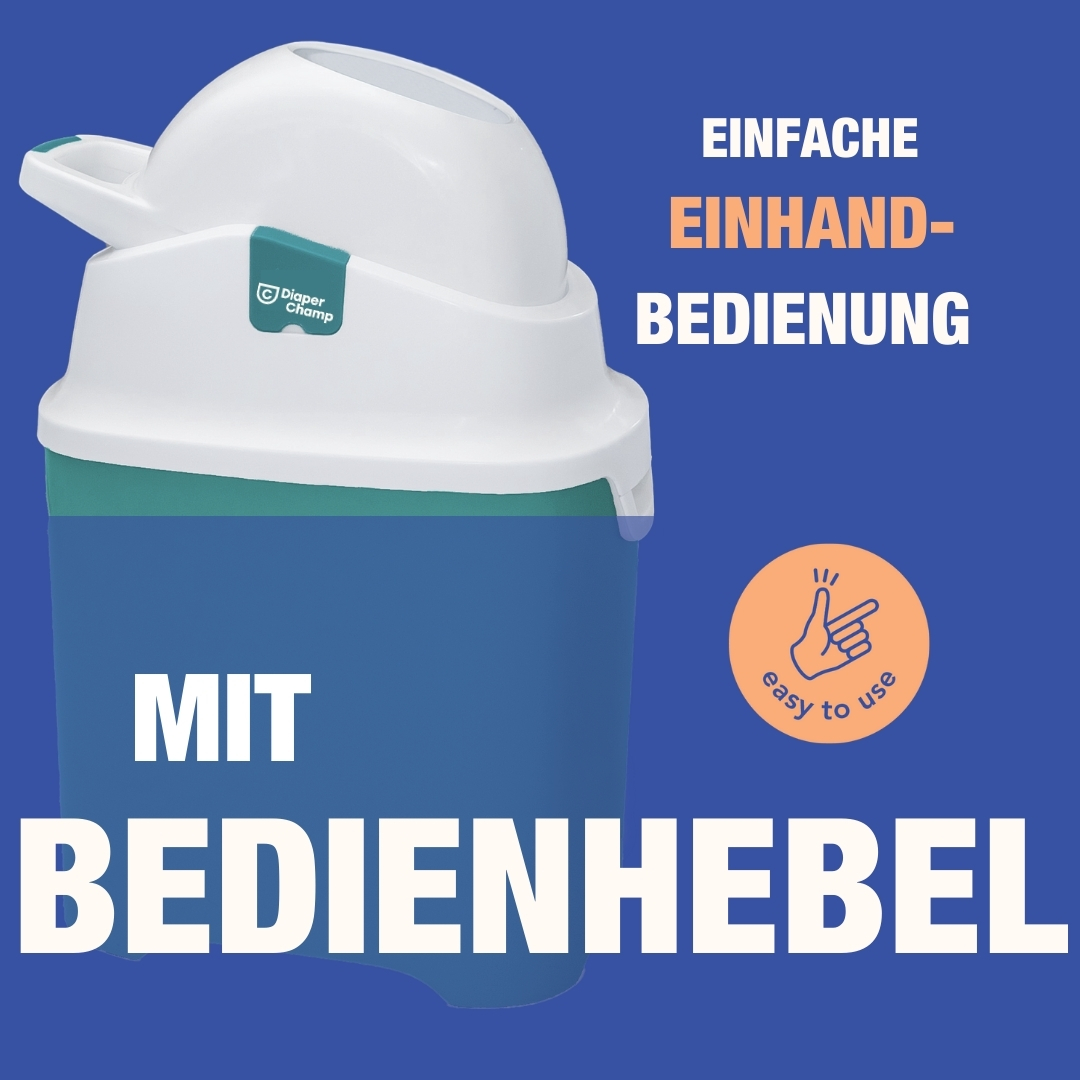 Weiß-blauer Windeleimer mit Hebel für Einhandbedienung und Text zur Verwendung.