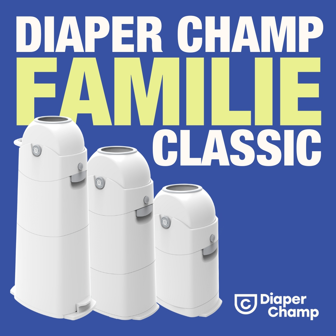 Drei weiße Windelentsorgungseinheiten mit Text: 'Diaper Champ Familie Classic'.