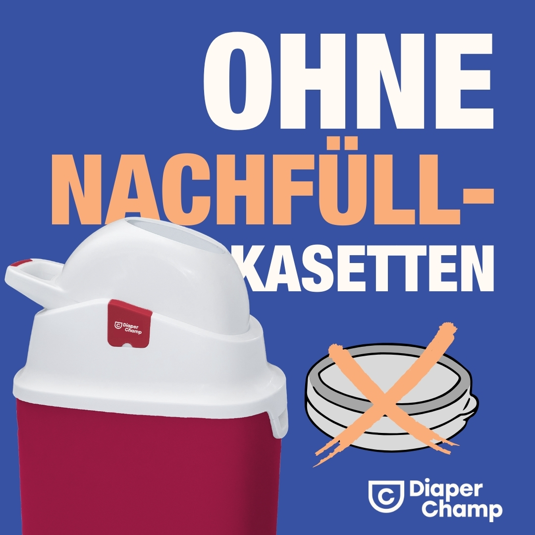 Roter und weißer Windeleimer mit Text: 'OHNE NACHFÜLLKASSETTEN' und einem X über einer Nachfüllpatrone.
