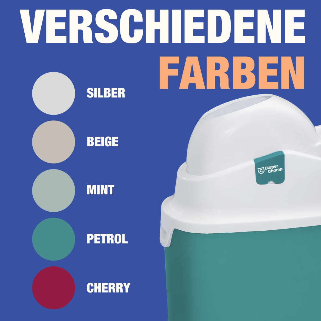 Baby-Windeleimer in verschiedenen Farben: Silber, Beige, Mint, Petrol und Kirsche.