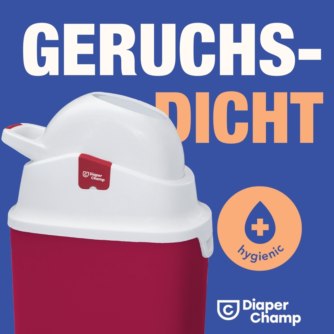 Eine rot-weiße Windeltonne mit Text und Hygienik-Symbol auf blauem Hintergrund.