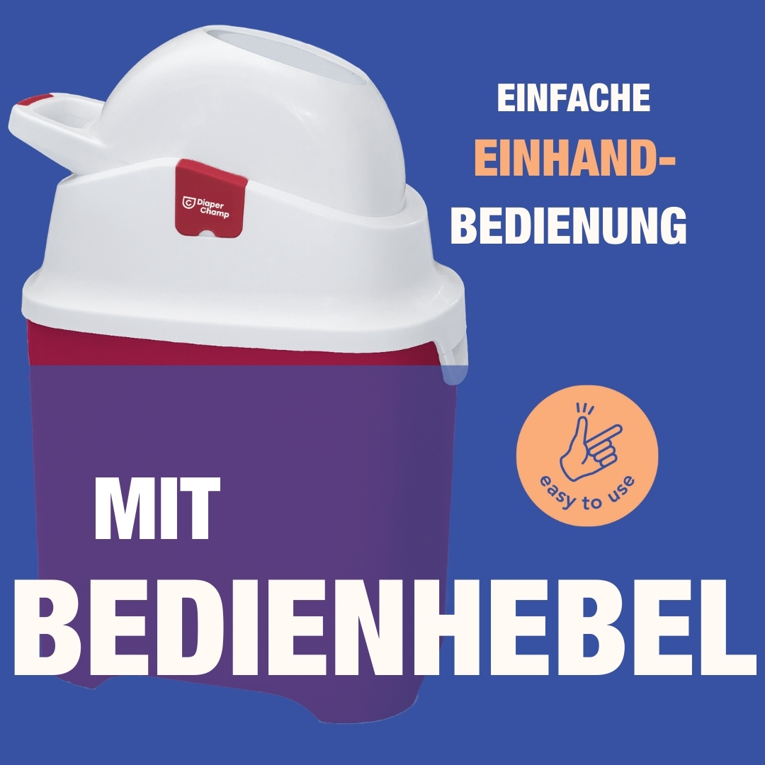 Weiß-roter Babywindeleimer mit lila Sockel. Text auf Deutsch: Einfache Einhandbedienung.