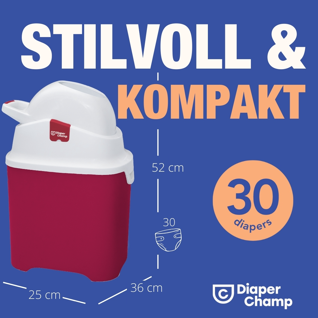 Weiß-roter Windeleimer mit den Worten Stilvoll & Kompakt und Maßen.