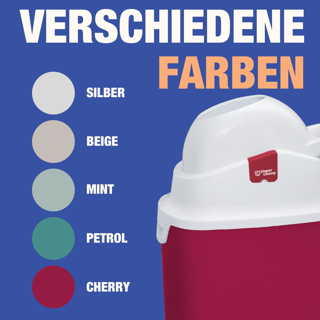Nahaufnahme eines roten Windeleimers mit Text und Farbmustern: Silber, Beige, Mint, Petrol, Kirsche.