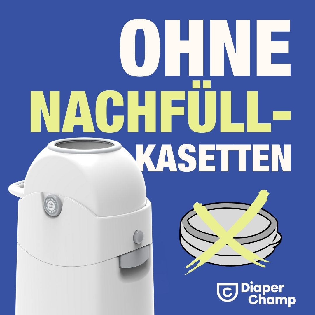 Eine weiße Windeltonne mit den Worten "OHNE NACHFÜLL-KASSETTEN" und einem durchgestrichenen Nachfüllkassetten-Symbol.