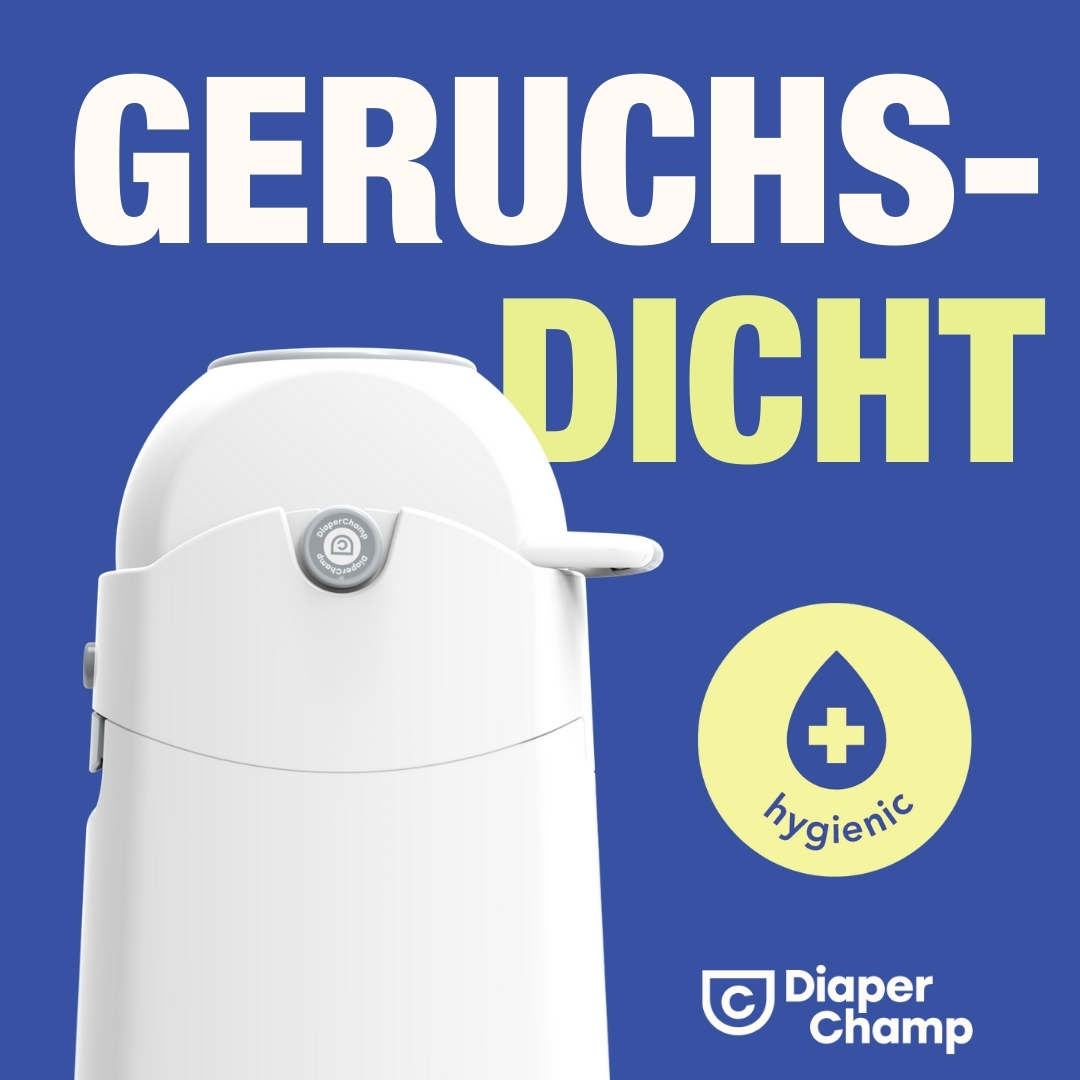 Weißer Windeleimer mit Deckel und Logo. Der Text lautet „GERUCHS-DICHT“ und „hygienisch“ mit Tropfensymbol.