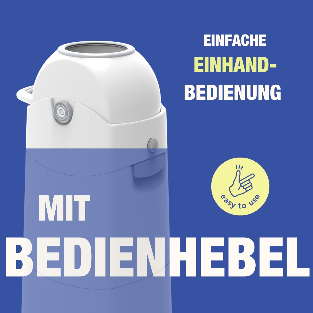 Weißer Mülleimer mit blauem Sockel und Text auf Deutsch.