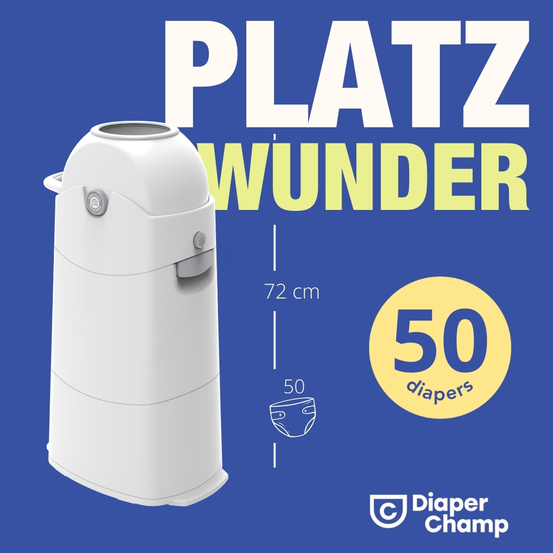 Eine weiße Windelentsorgungseinheit mit deutschem Text auf blauem Hintergrund. Gelber Kreis.