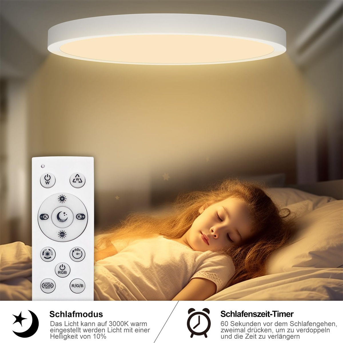 Schlafendes Mädchen unter Deckenlampe. Fernbedienung im Vordergrund. Text zum Schlafmodus.