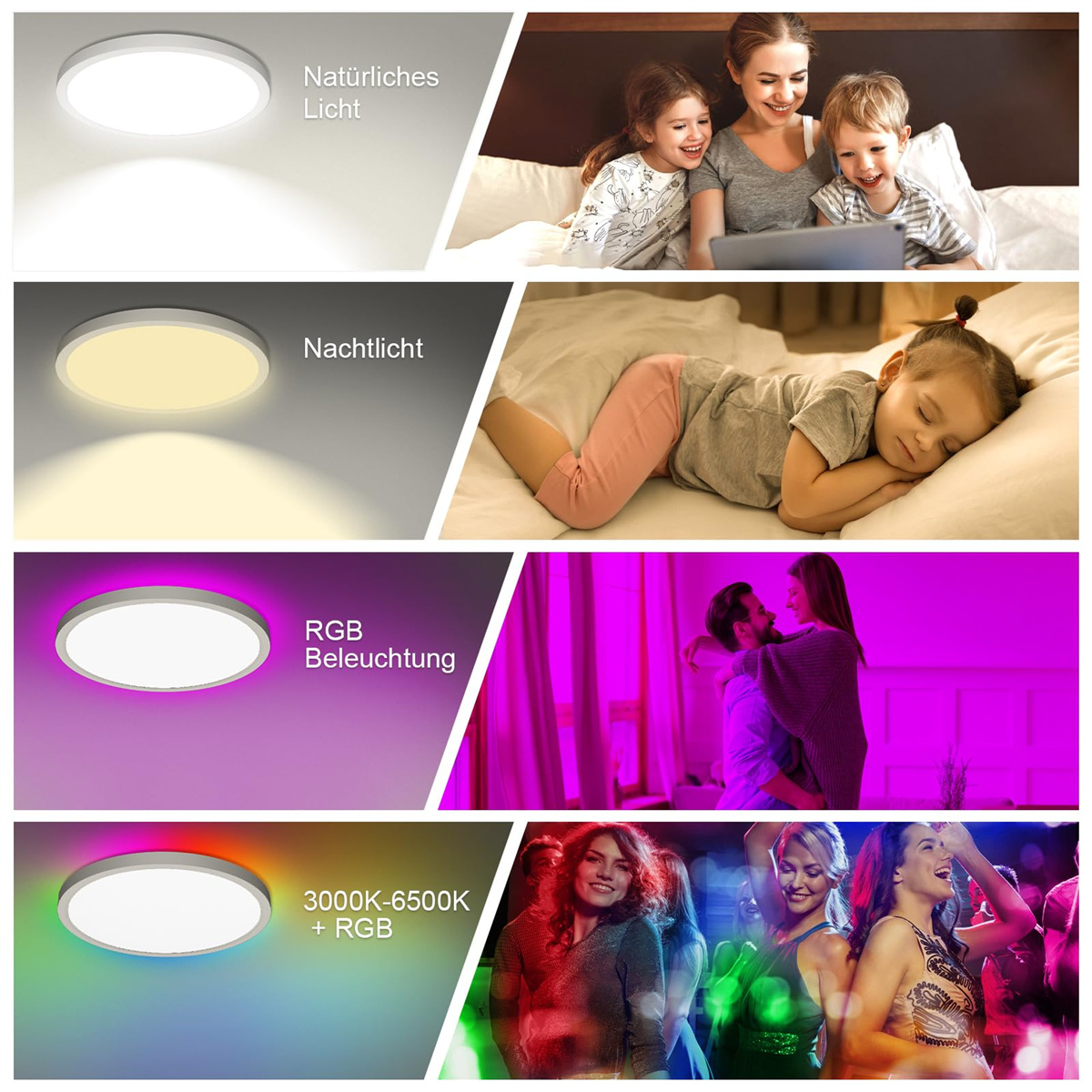 Tafel mit Lichtern und Bildern: natürlich, Nacht, RGB und kombinierte Einstellungen mit Personen.